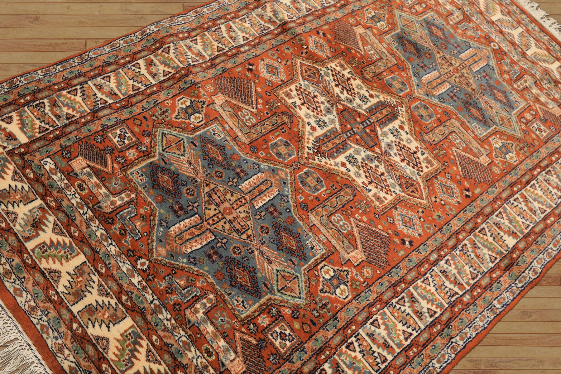 4x6 Burnt Orange, Ivory, Blue Color Hand Knotted Kazak Wool  Oriental Rug