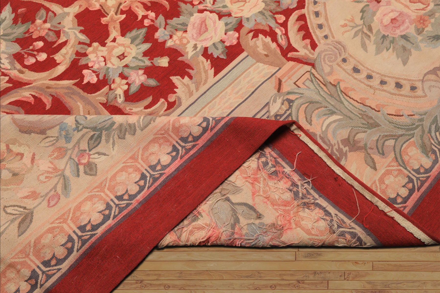 9x12 Red, Beige, Aqua Color Hand Woven French Aubusson Wool Traditional Oriental Rug