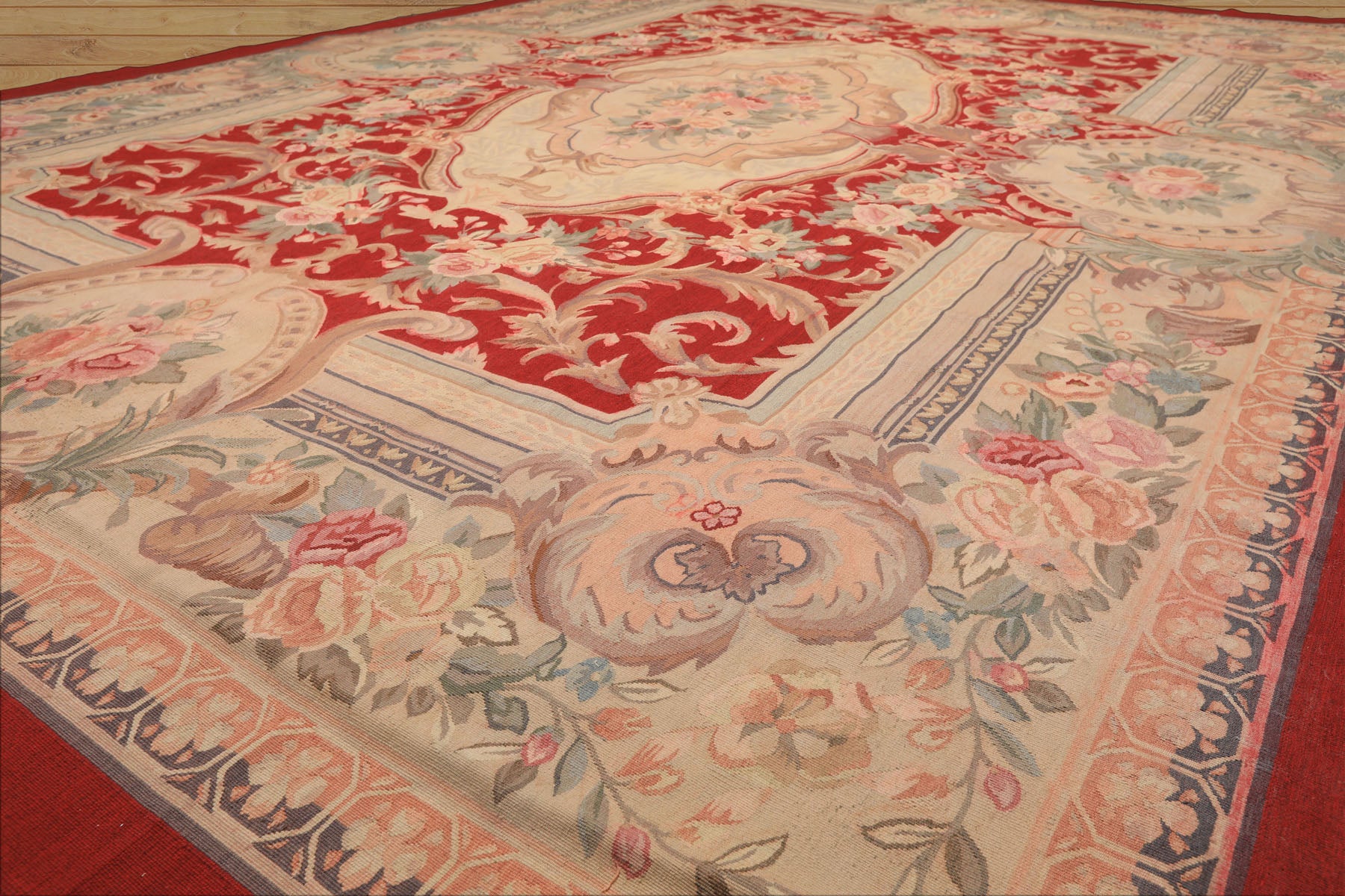 9x12 Red, Beige, Aqua Color Hand Woven French Aubusson Wool Traditional Oriental Rug
