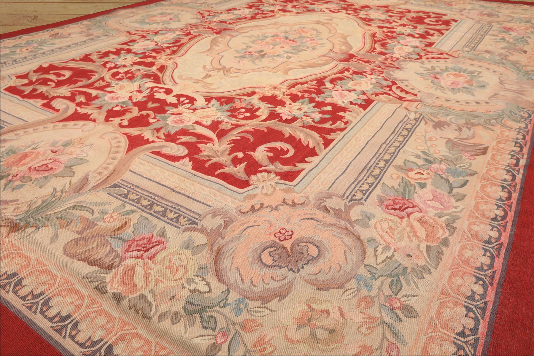 9x12 Red, Beige, Aqua Color Hand Woven French Aubusson Wool Traditional Oriental Rug