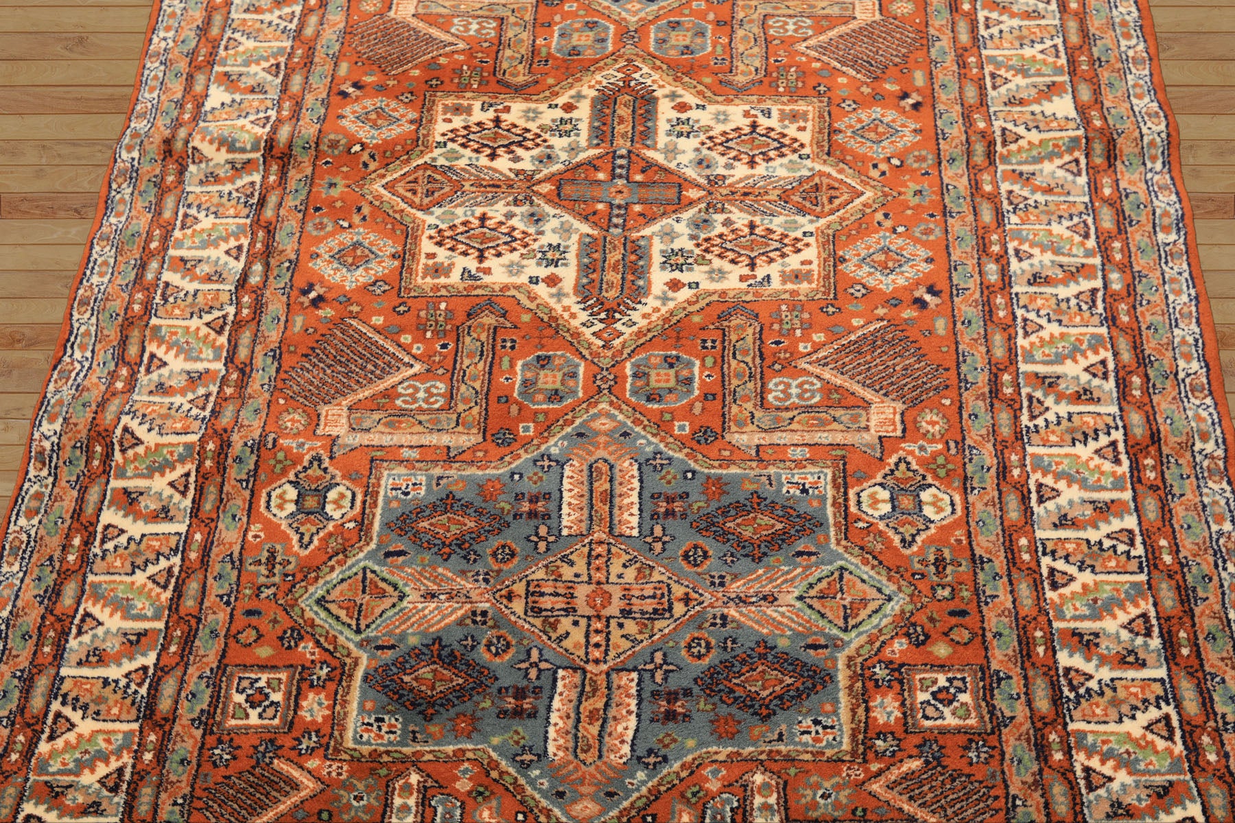 4x6 Burnt Orange, Ivory, Blue Color Hand Knotted Kazak Wool  Oriental Rug