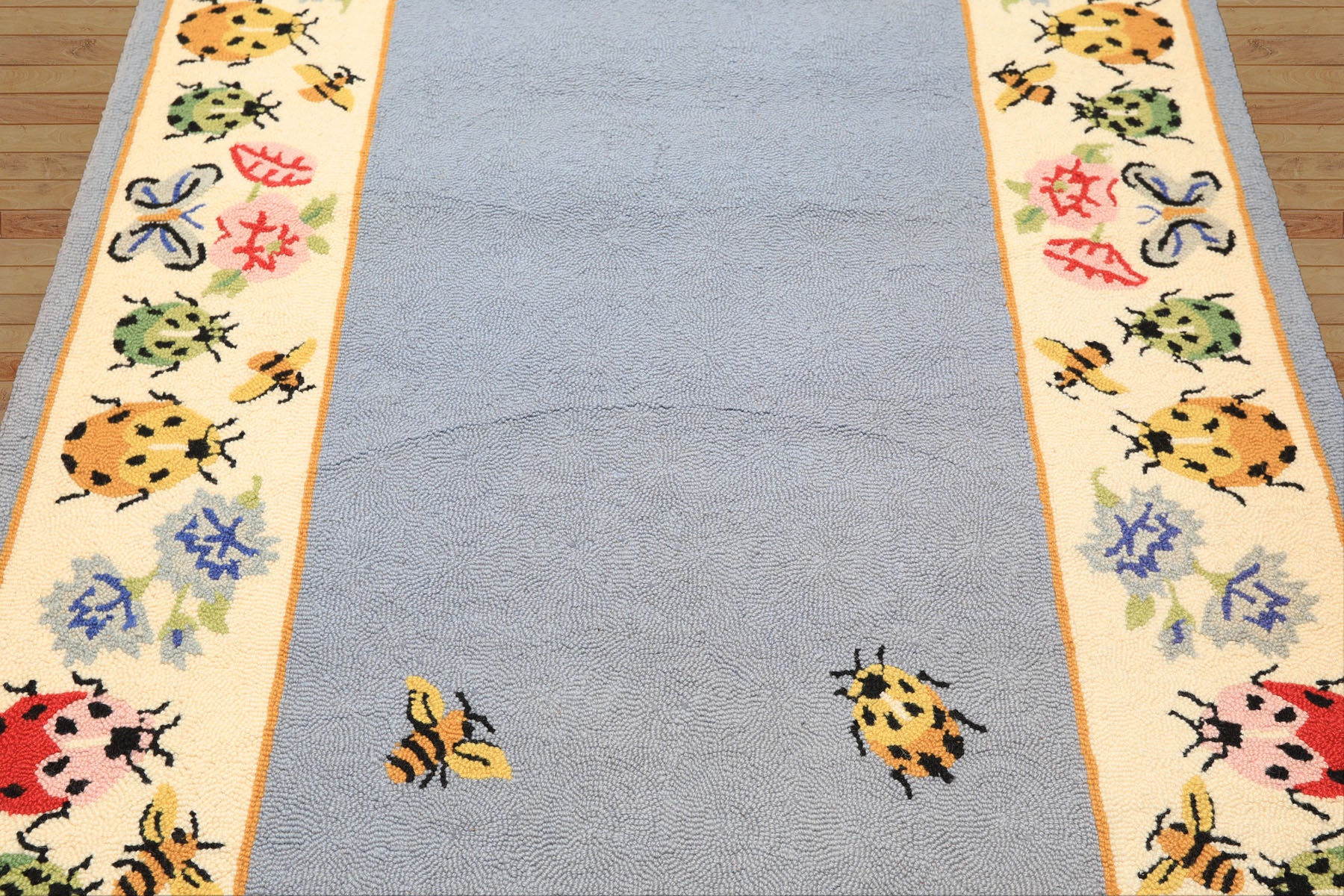 4x6 Blue, Ivory, Pink Color Hand Hooked  Wool Transitional Oriental Rug
