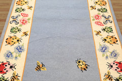 4x6 Blue, Ivory, Pink Color Hand Hooked  Wool Transitional Oriental Rug