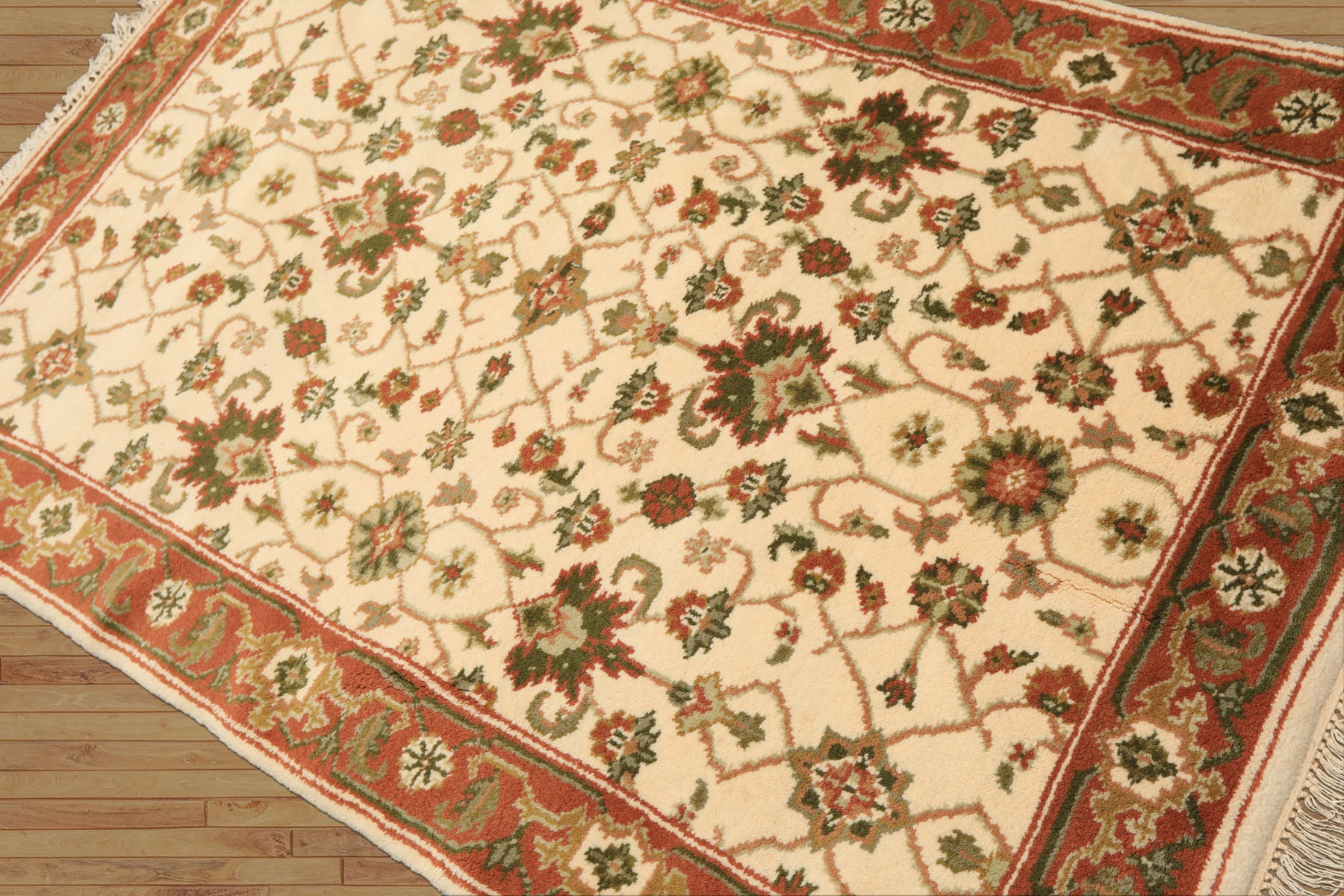 4x6 Ivory, Rust, Green Color Hand Knotted Indo Kashan Wool Traditional Oriental Rug