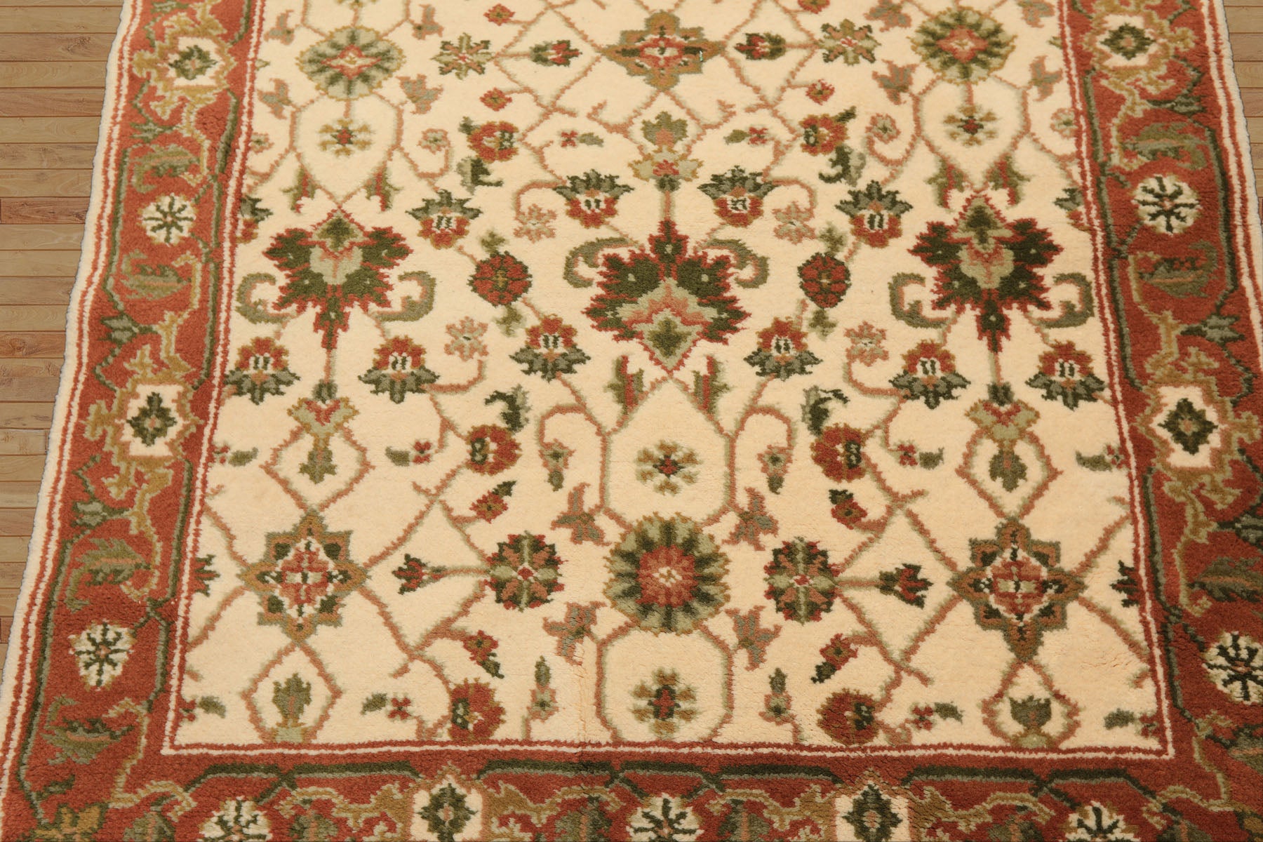 4x6 Ivory, Rust, Green Color Hand Knotted Indo Kashan Wool Traditional Oriental Rug