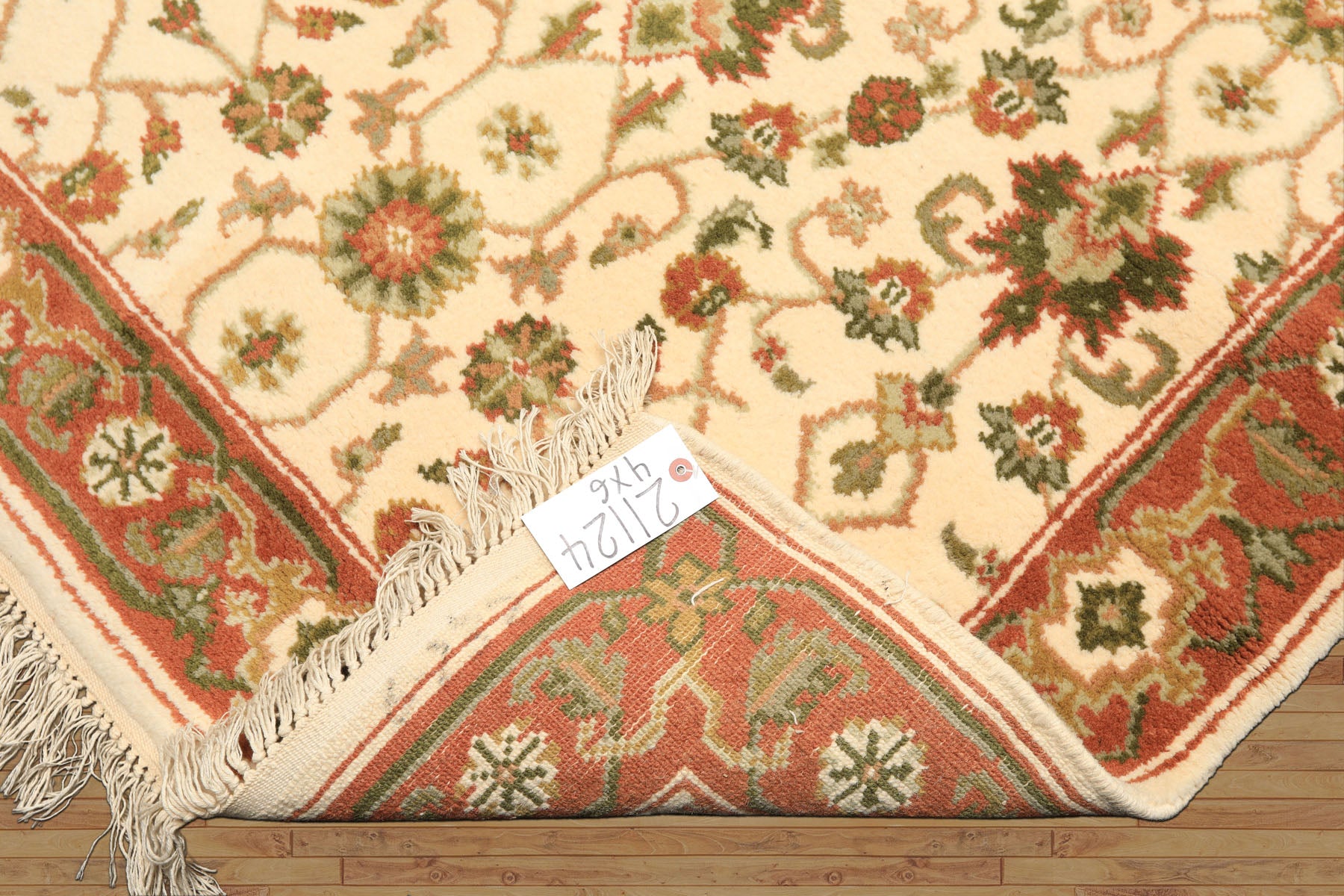 4x6 Ivory, Rust, Green Color Hand Knotted Indo Kashan Wool Traditional Oriental Rug