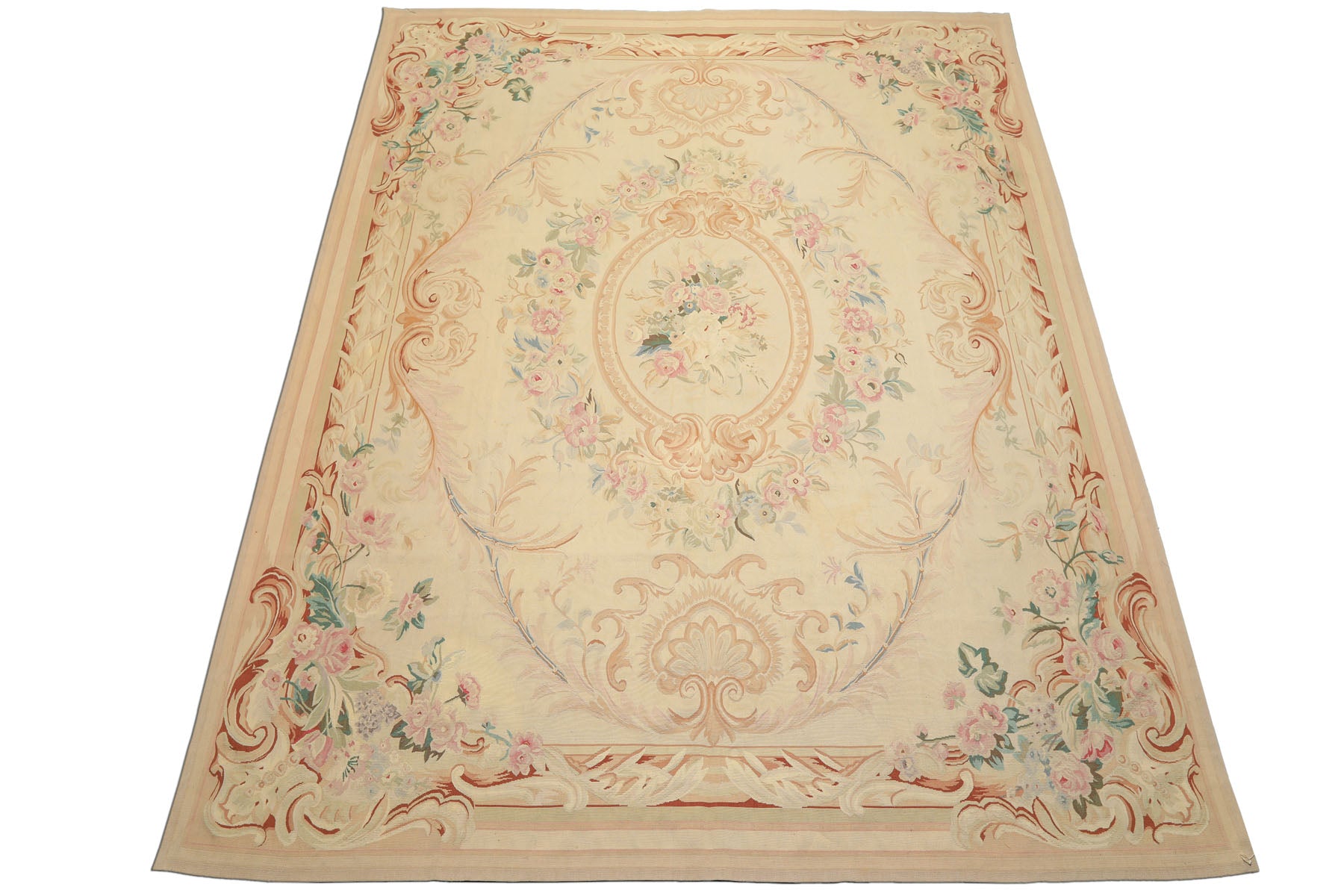 8x10 Ivory, Tan, Rose Color Hand Woven French Aubusson Wool Traditional Oriental Rug