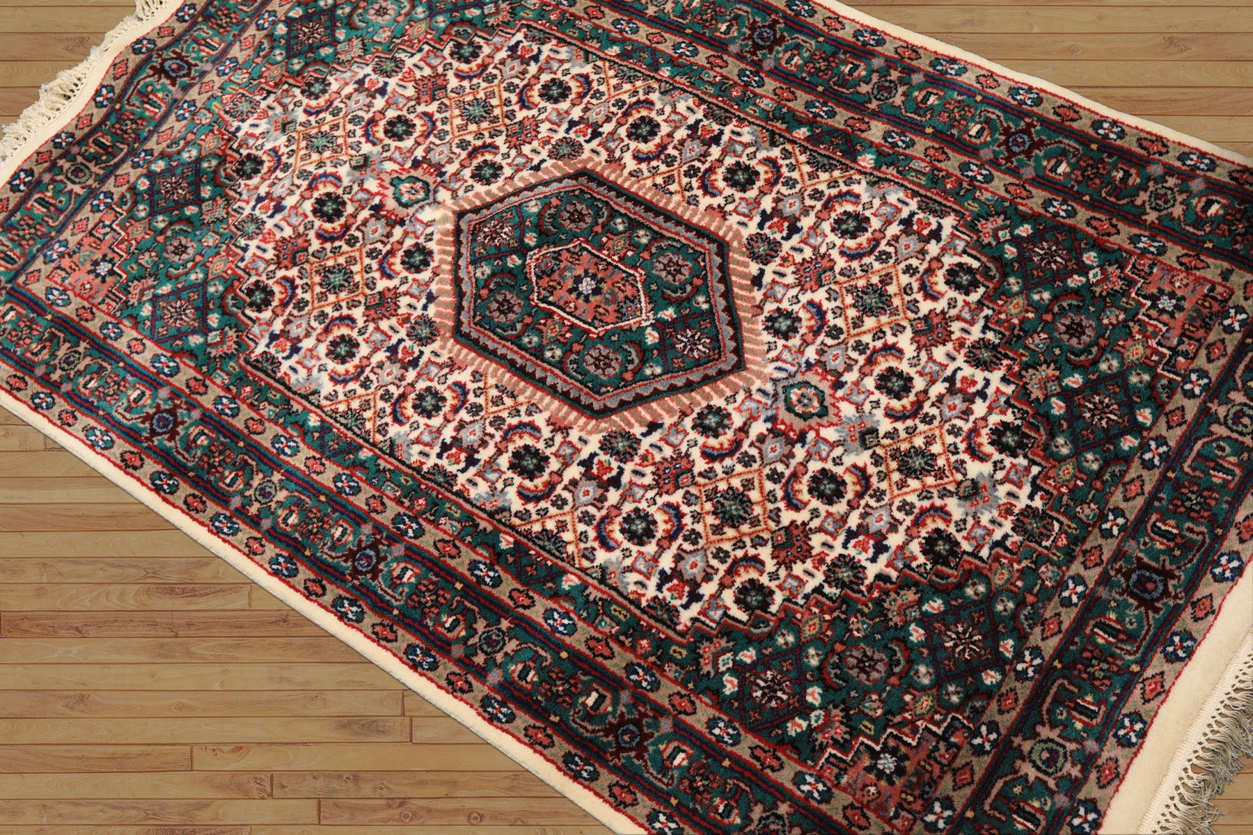 3x5 Ivory, Turquoise, Red Color Hand Knotted Indo Bidjar Wool Traditional Oriental Rug
