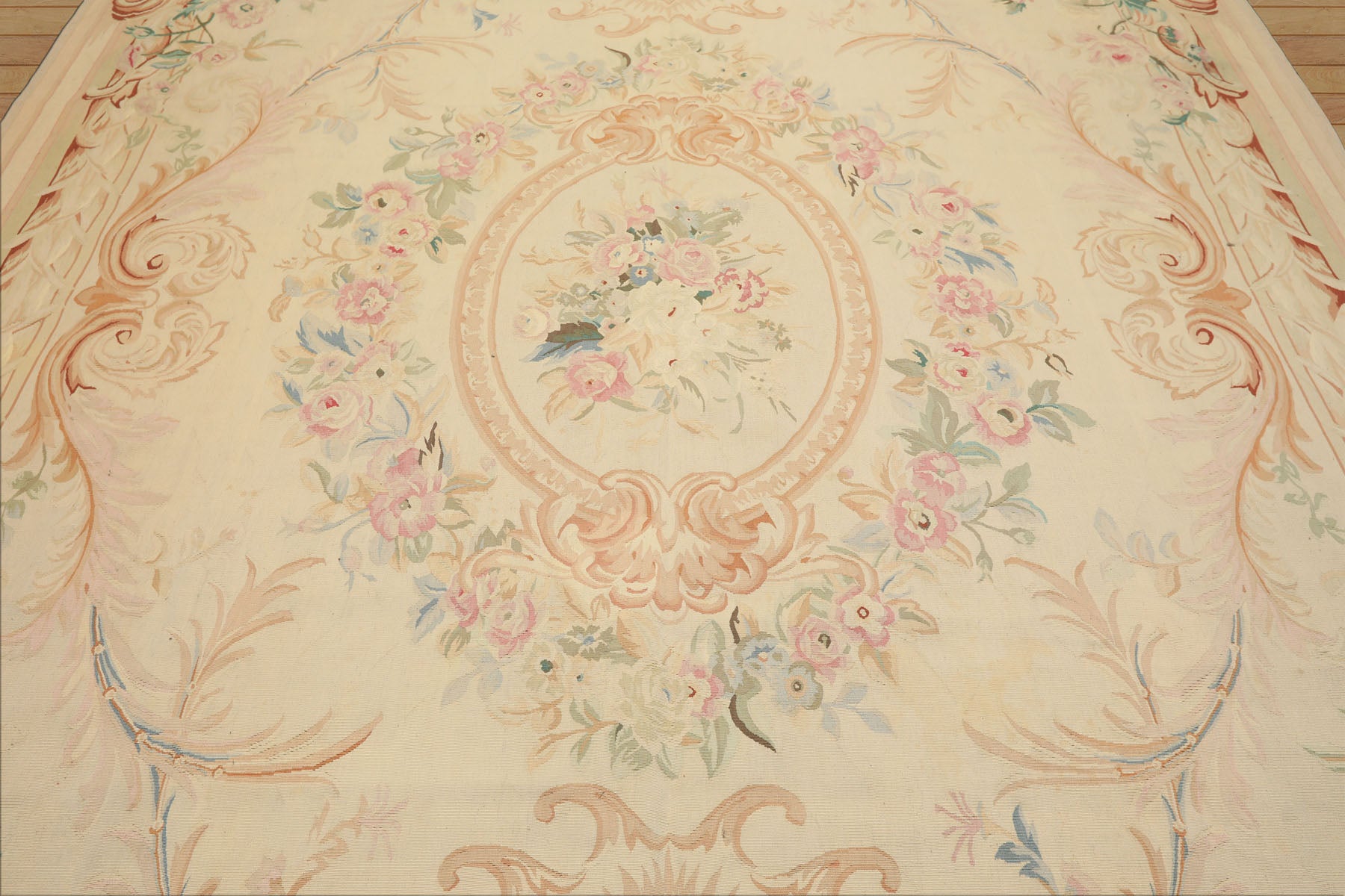 8x10 Ivory, Tan, Rose Color Hand Woven French Aubusson Wool Traditional Oriental Rug