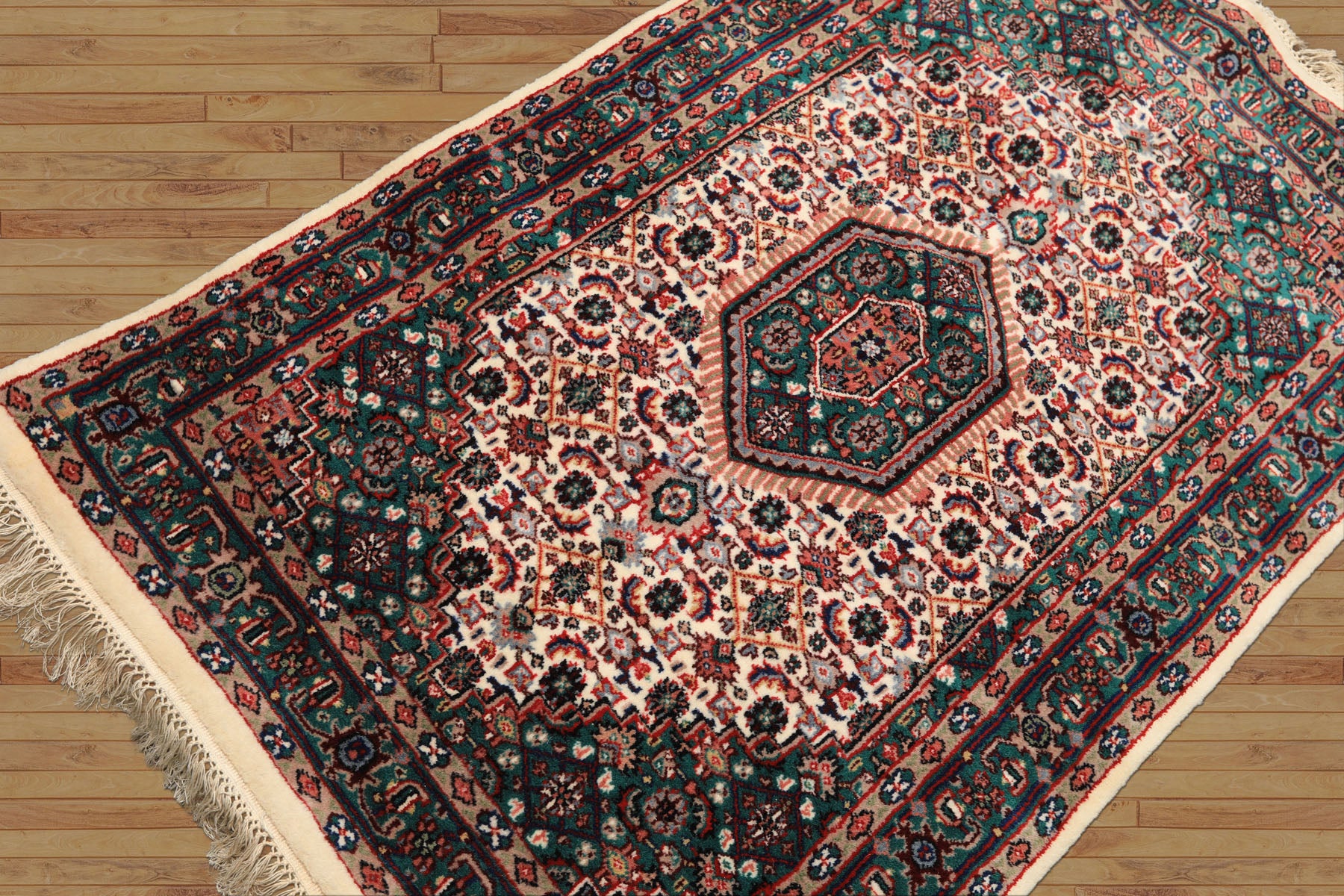 3x5 Ivory, Turquoise, Red Color Hand Knotted Indo Bidjar Wool Traditional Oriental Rug