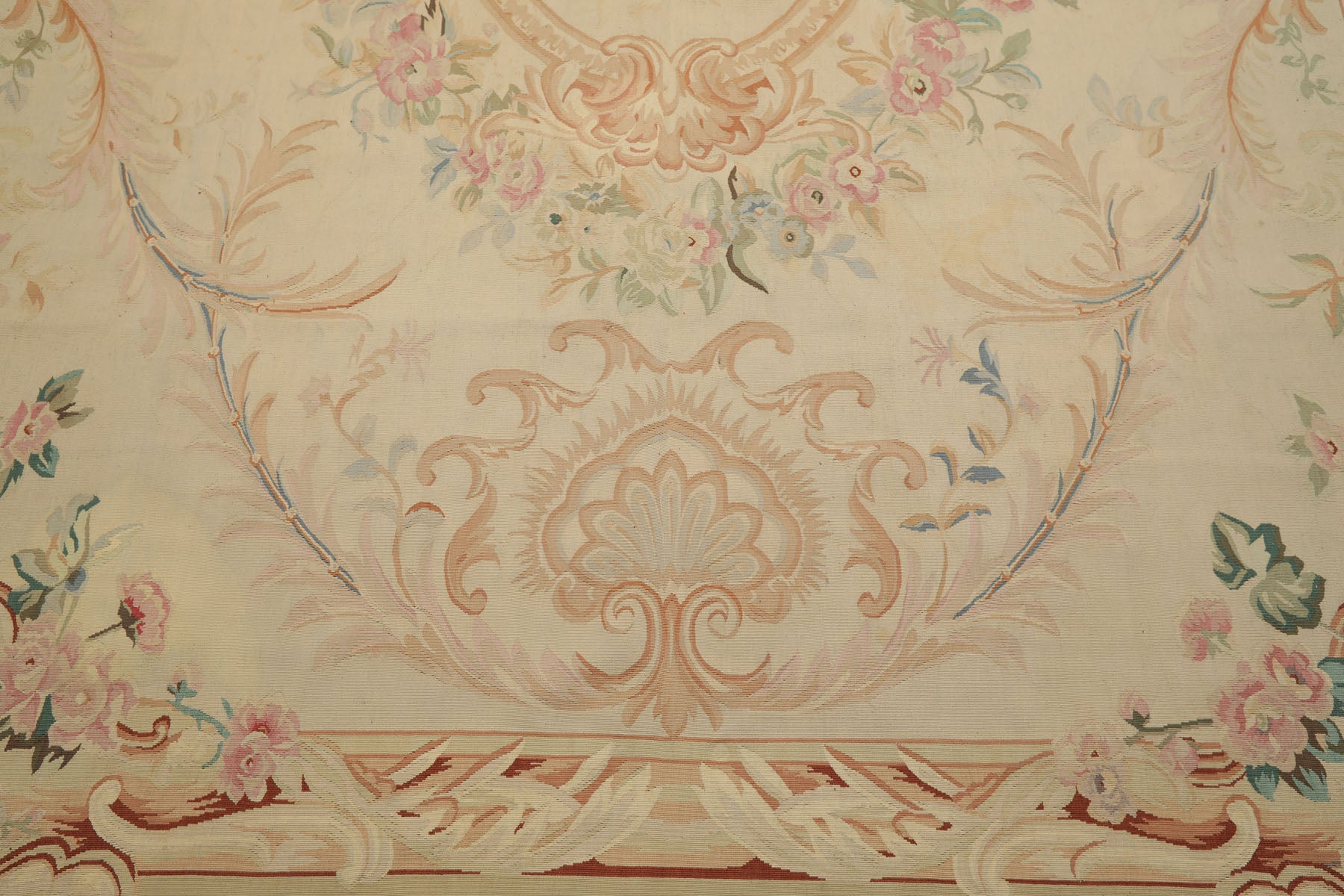 8x10 Ivory, Tan, Rose Color Hand Woven French Aubusson Wool Traditional Oriental Rug
