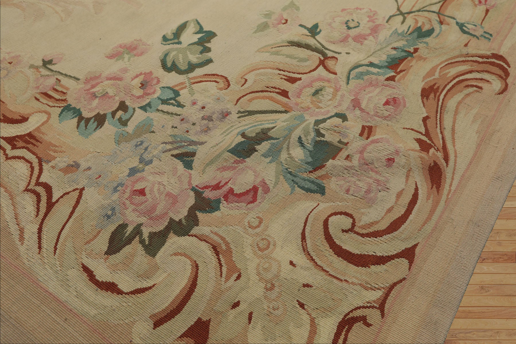 8x10 Ivory, Tan, Rose Color Hand Woven French Aubusson Wool Traditional Oriental Rug