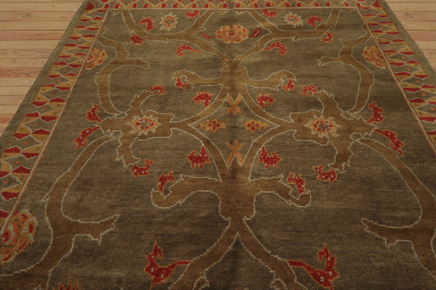 8x10 Moss, Gold, Red Color Hand Knotted Tibetan Wool Arts & Crafts Oriental Rug