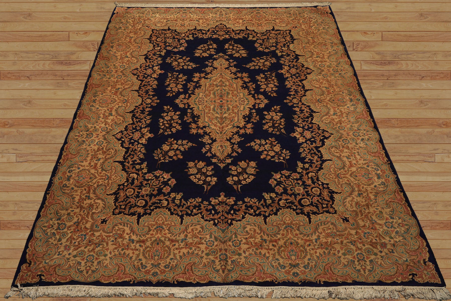 9x12 Navy, Gold, Turquoise Color Hand Knotted Kerman Wool Traditional Oriental Rug