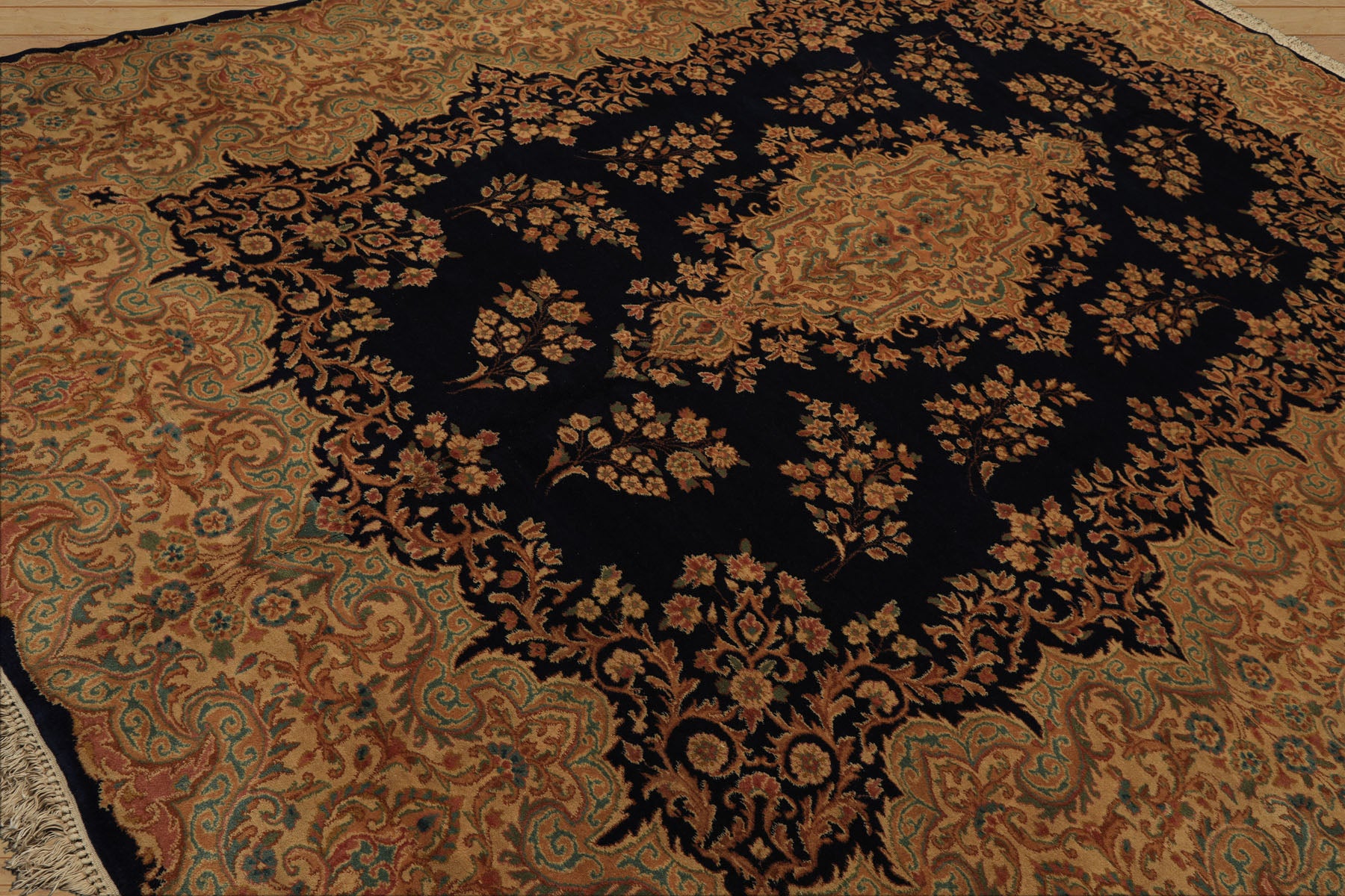 9x12 Navy, Gold, Turquoise Color Hand Knotted Kerman Wool Traditional Oriental Rug