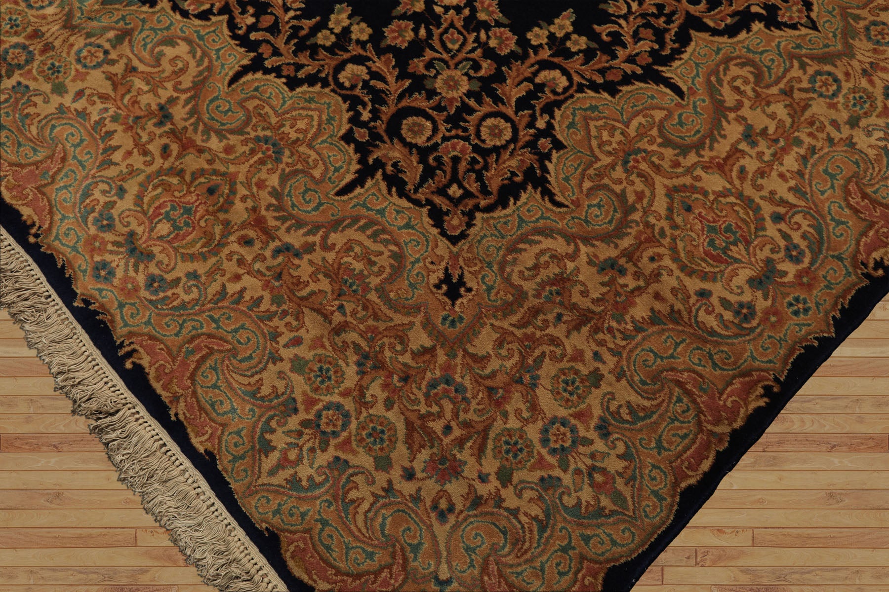 9x12 Navy, Gold, Turquoise Color Hand Knotted Kerman Wool Traditional Oriental Rug