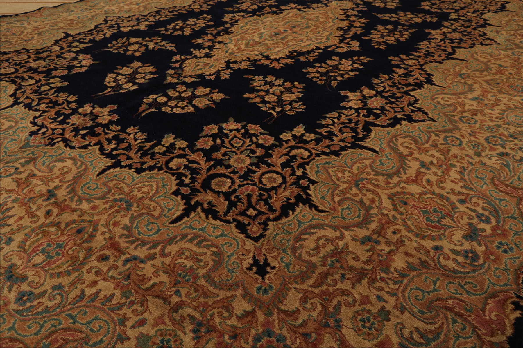 9x12 Navy, Gold, Turquoise Color Hand Knotted Kerman Wool Traditional Oriental Rug