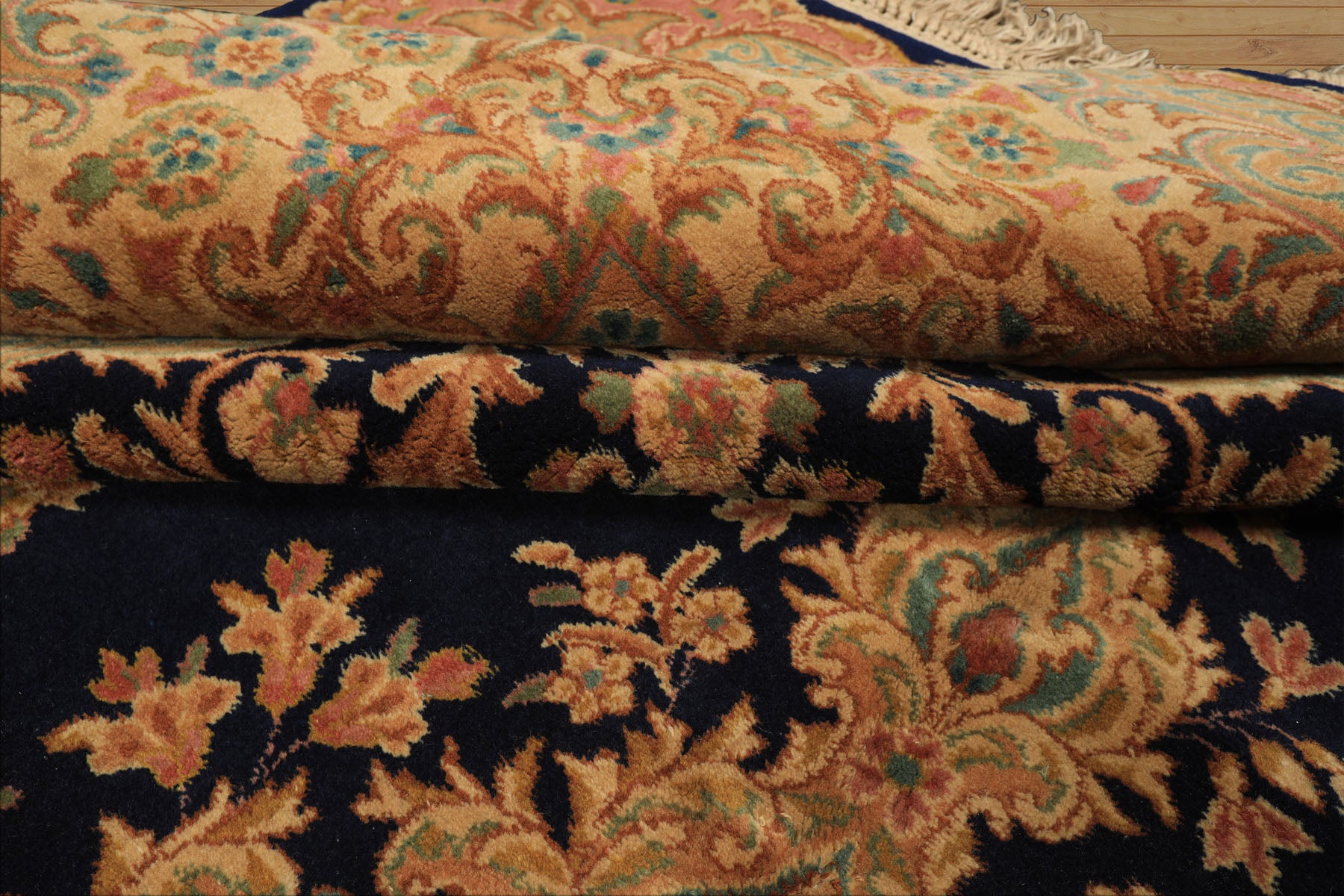 9x12 Navy, Gold, Turquoise Color Hand Knotted Kerman Wool Traditional Oriental Rug