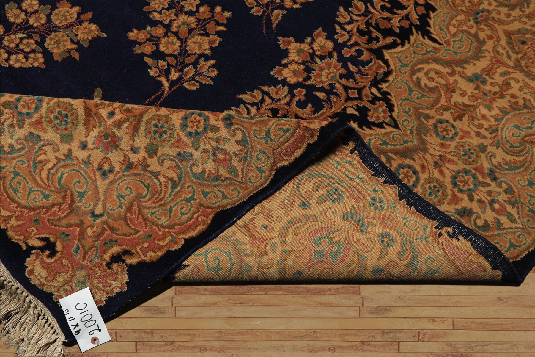 9x12 Navy, Gold, Turquoise Color Hand Knotted Kerman Wool Traditional Oriental Rug