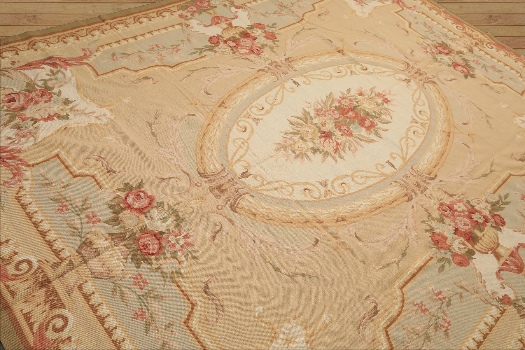 8x10 Tan, Ivory, Green Color Hand Woven French Aubusson Needlepoint Wool Traditional Oriental Rug