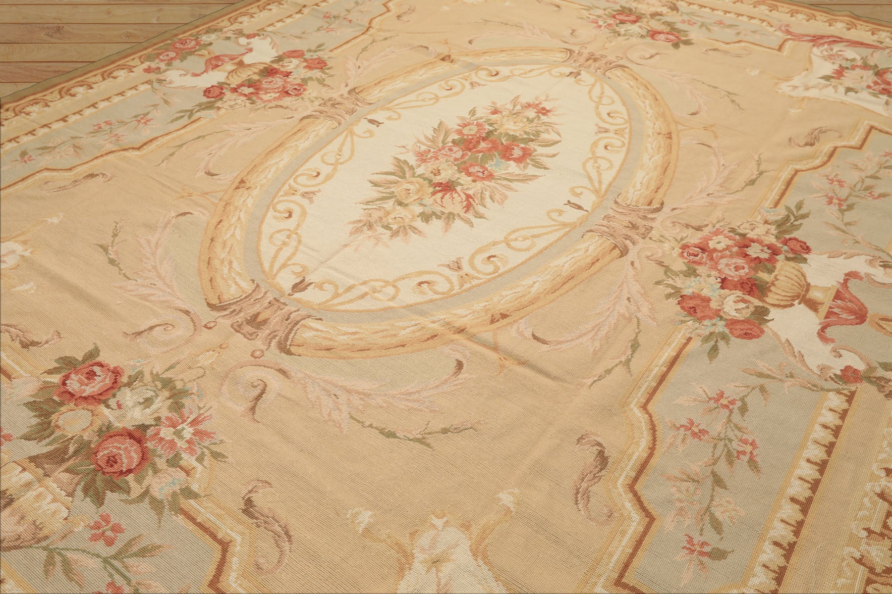 8x10 Tan, Ivory, Green Color Hand Woven French Aubusson Needlepoint Wool Traditional Oriental Rug