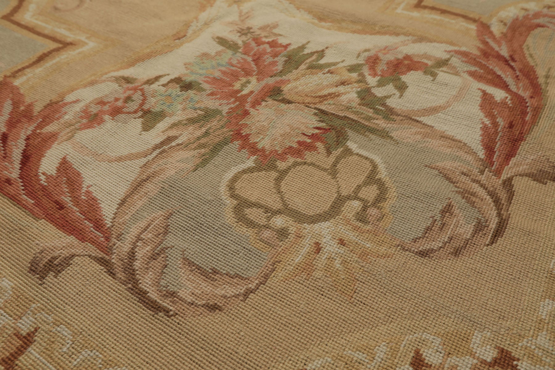 8x10 Tan, Ivory, Green Color Hand Woven French Aubusson Needlepoint Wool Traditional Oriental Rug