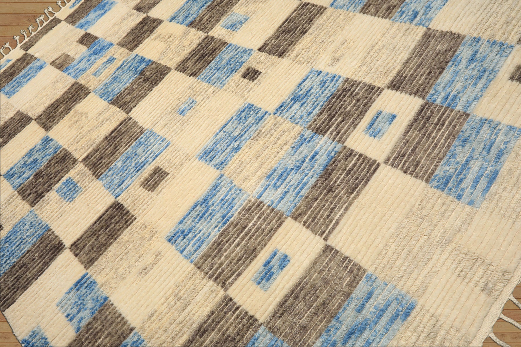 8x10 Ivory, Blue, Brown Color Hand Knotted Moroccan Wool Modern & Contemporary Oriental Rug