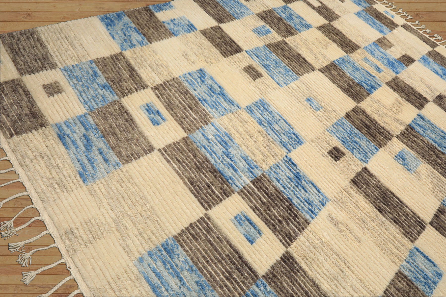 8x10 Ivory, Blue, Brown Color Hand Knotted Moroccan Wool Modern & Contemporary Oriental Rug