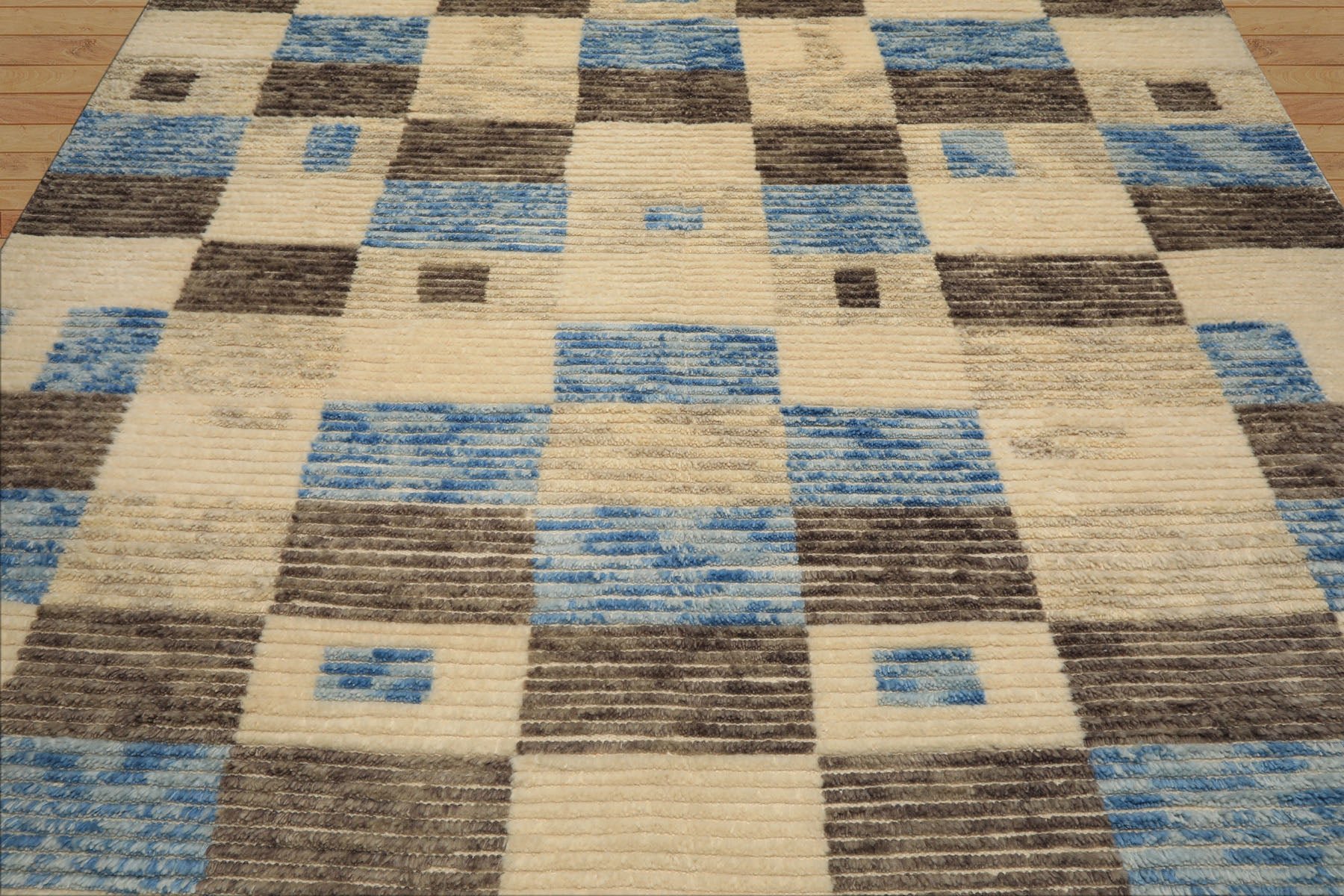 8x10 Ivory, Blue, Brown Color Hand Knotted Moroccan Wool Modern & Contemporary Oriental Rug