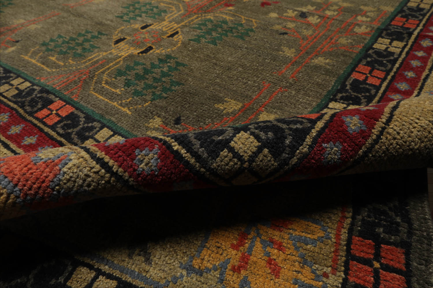 Multi Color Multi Size Hand Tufted Handmade 100% Wool Donegal Branches Arts & Crafts Oriental Area Rug Gray with Green undertone, Moss Color