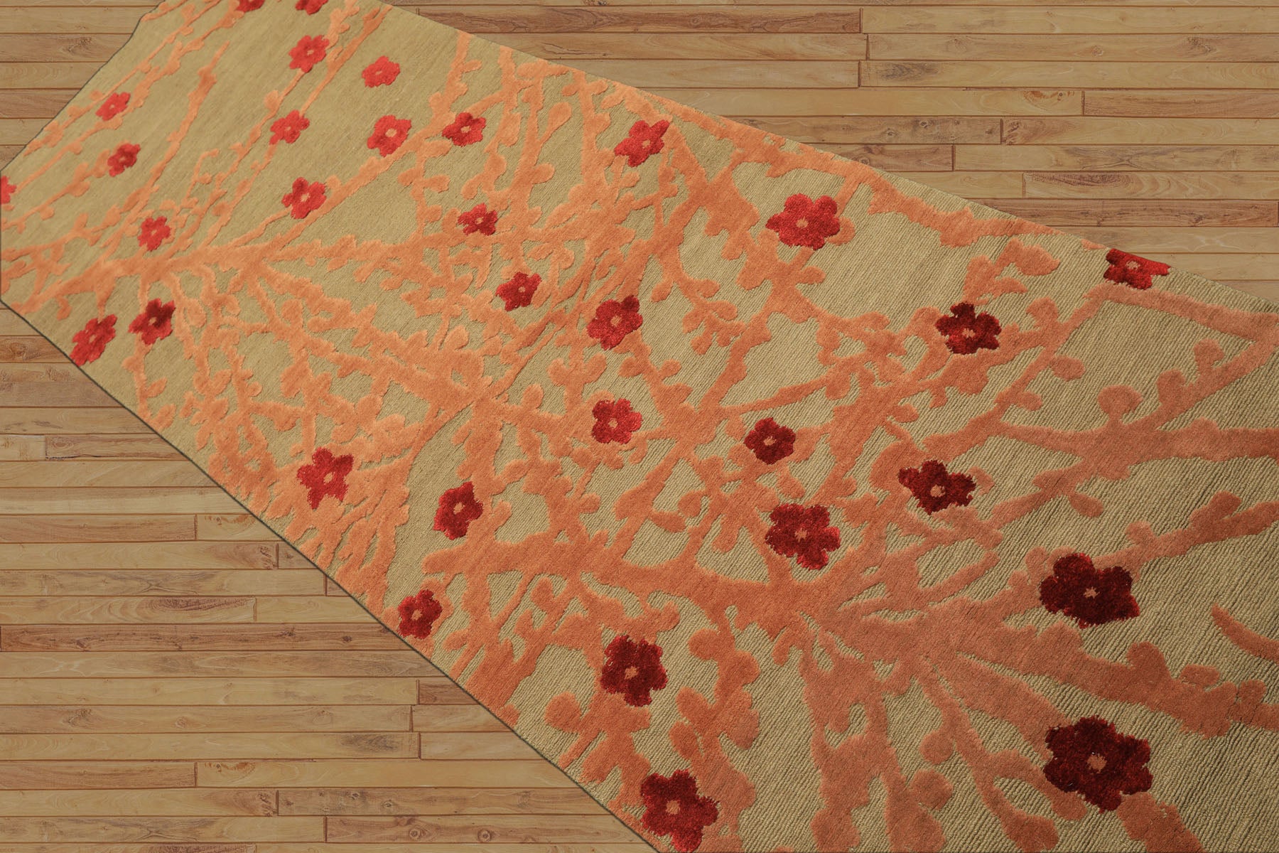 Runner Mint, Peach, Red Color Hand Knotted Tibetan Wool & Silk Transitional Oriental Rug