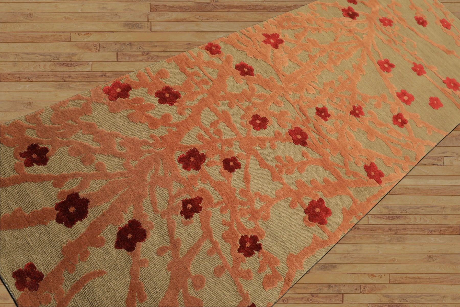 Runner Mint, Peach, Red Color Hand Knotted Tibetan Wool & Silk Transitional Oriental Rug