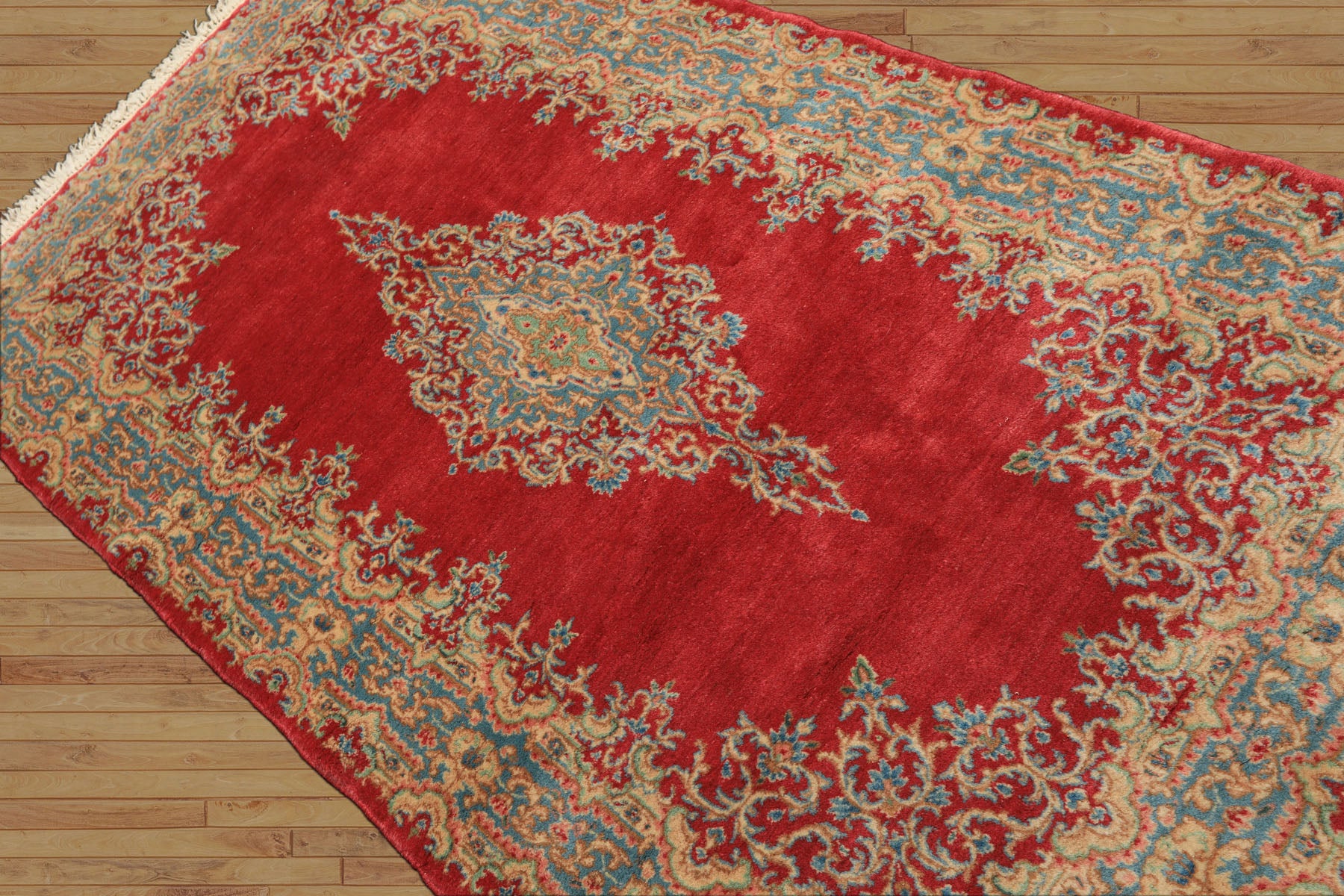 4x7 Coral, Aqua, Gold Color Hand Knotted Kerman Wool Traditional Oriental Rug