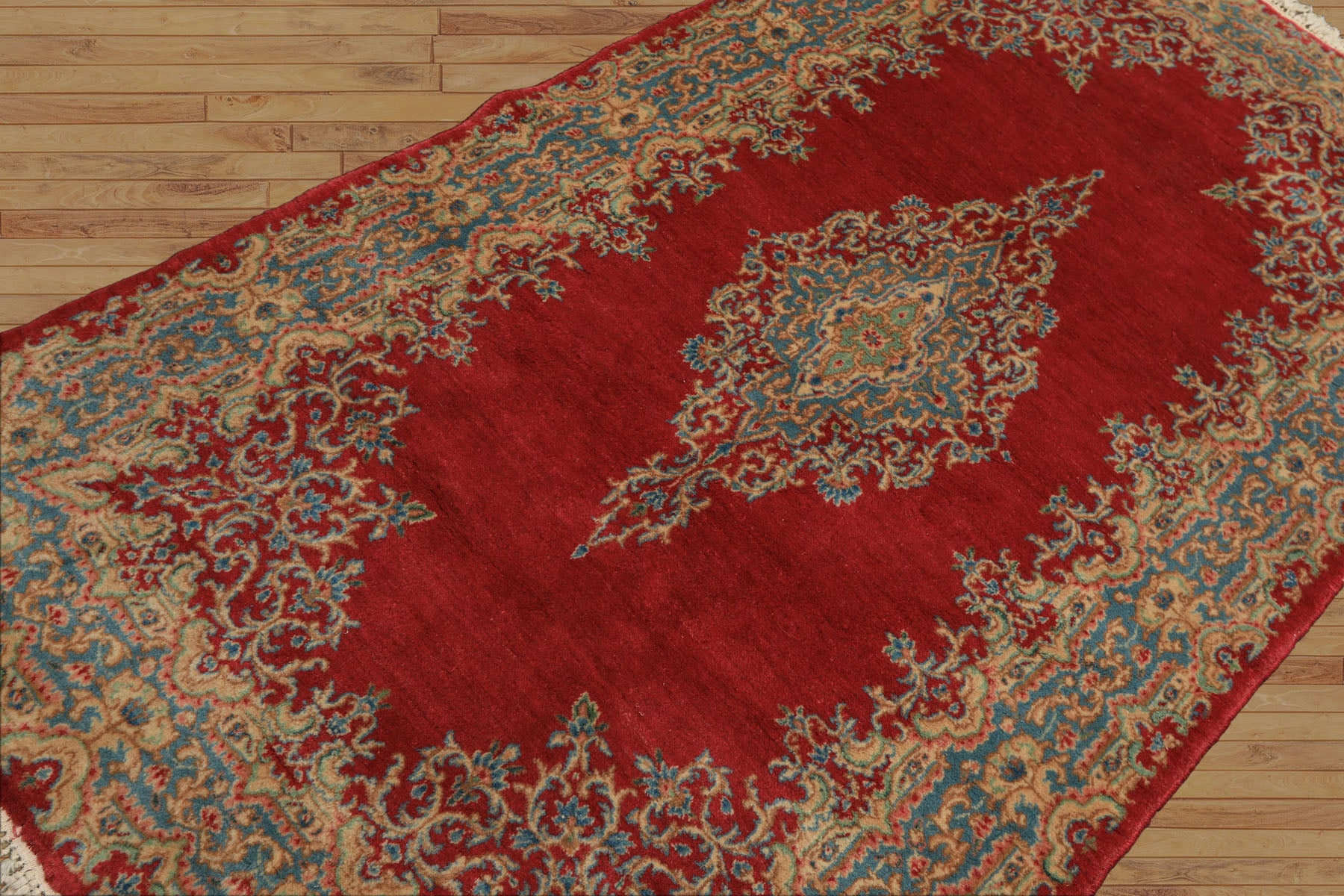 4x7 Coral, Aqua, Gold Color Hand Knotted Kerman Wool Traditional Oriental Rug