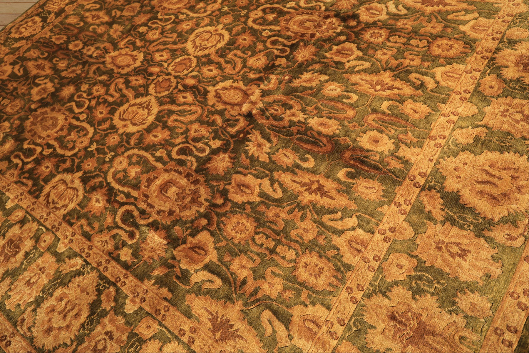 9x12 Green, Gold, Tan Color Hand Knotted Agra Wool Traditional Oriental Rug