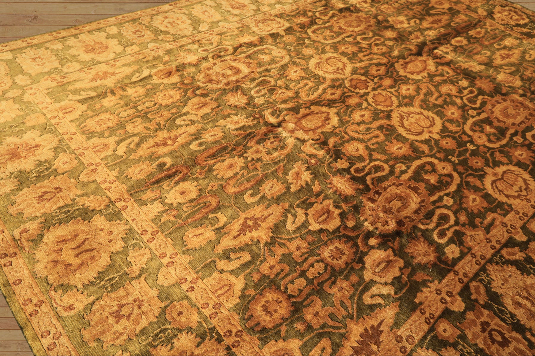 9x12 Green, Gold, Tan Color Hand Knotted Agra Wool Traditional Oriental Rug