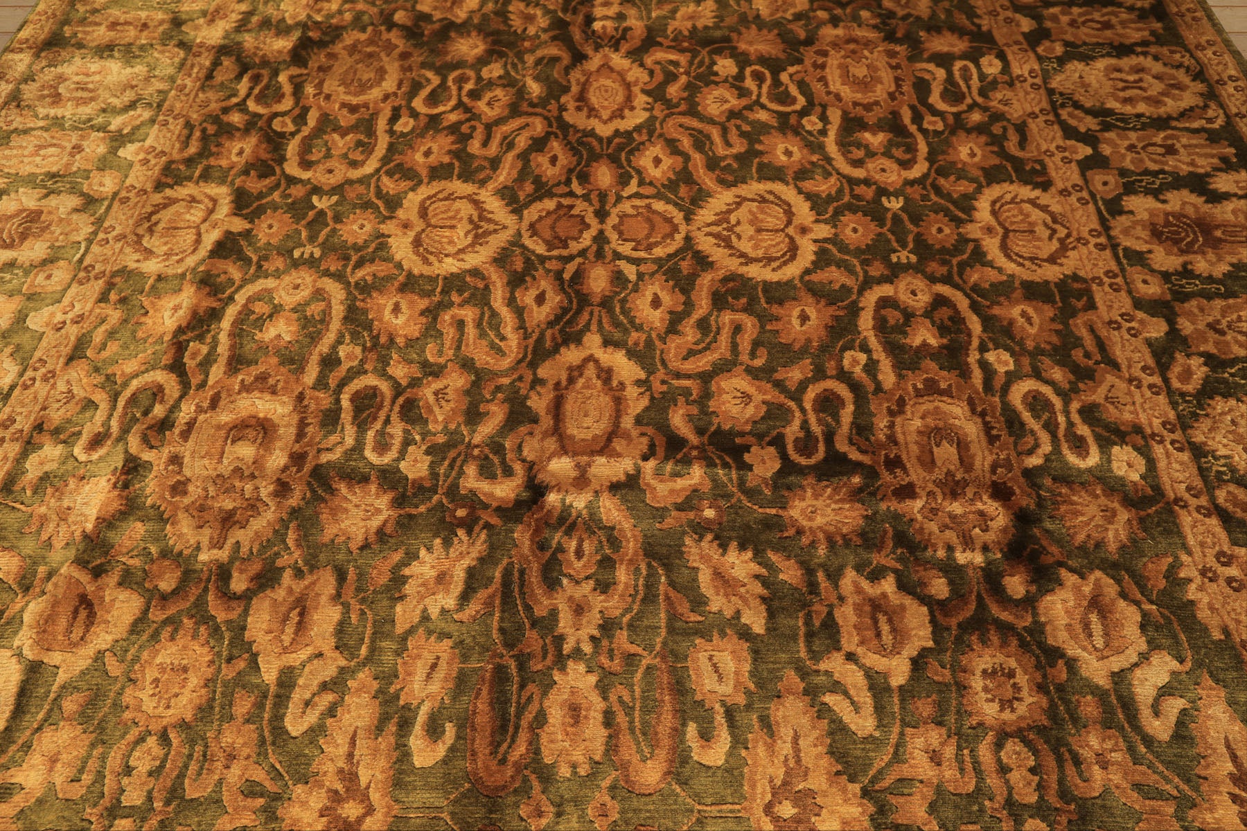 9x12 Green, Gold, Tan Color Hand Knotted Agra Wool Traditional Oriental Rug