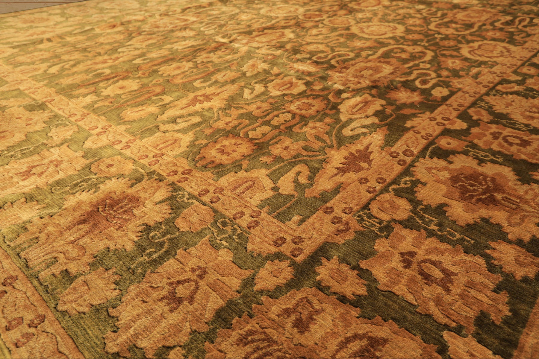 9x12 Green, Gold, Tan Color Hand Knotted Agra Wool Traditional Oriental Rug