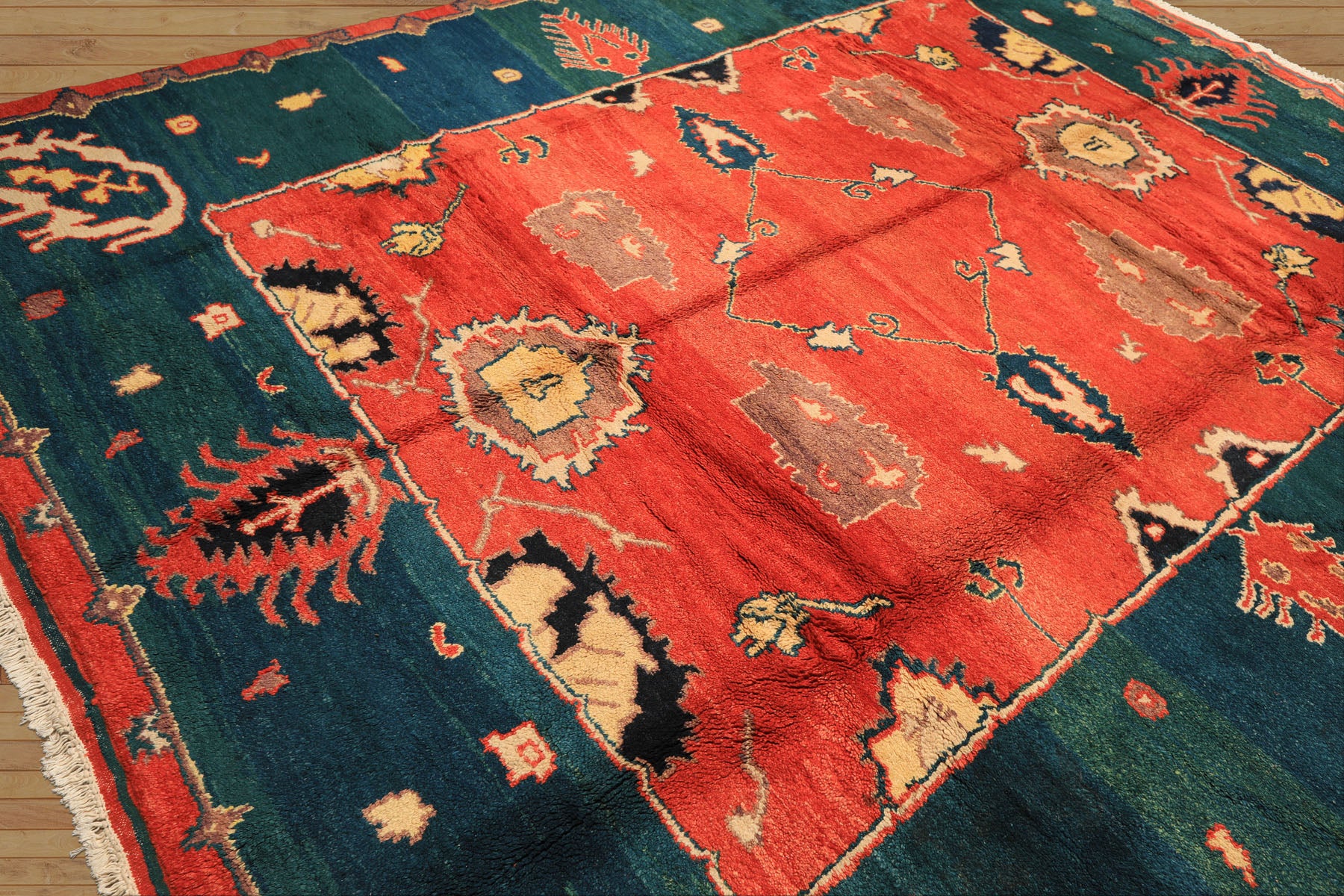 9x12 Coral, Turquoise, Teal Color Hand Knotted Turkish Oushak Wool  Oriental Rug