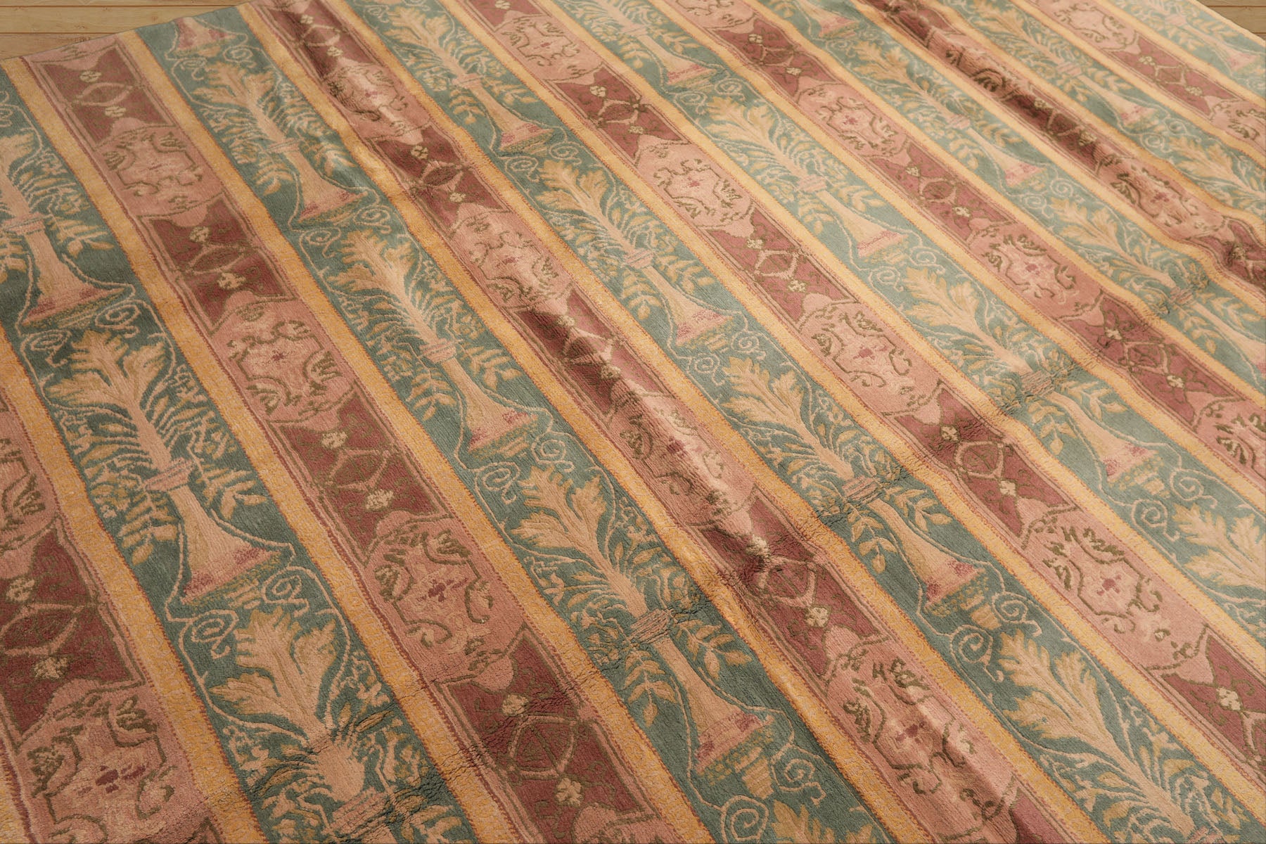 8x10 Blush, Aqua, Gold Color Hand Knotted Tibetan Wool Transitional Oriental Rug