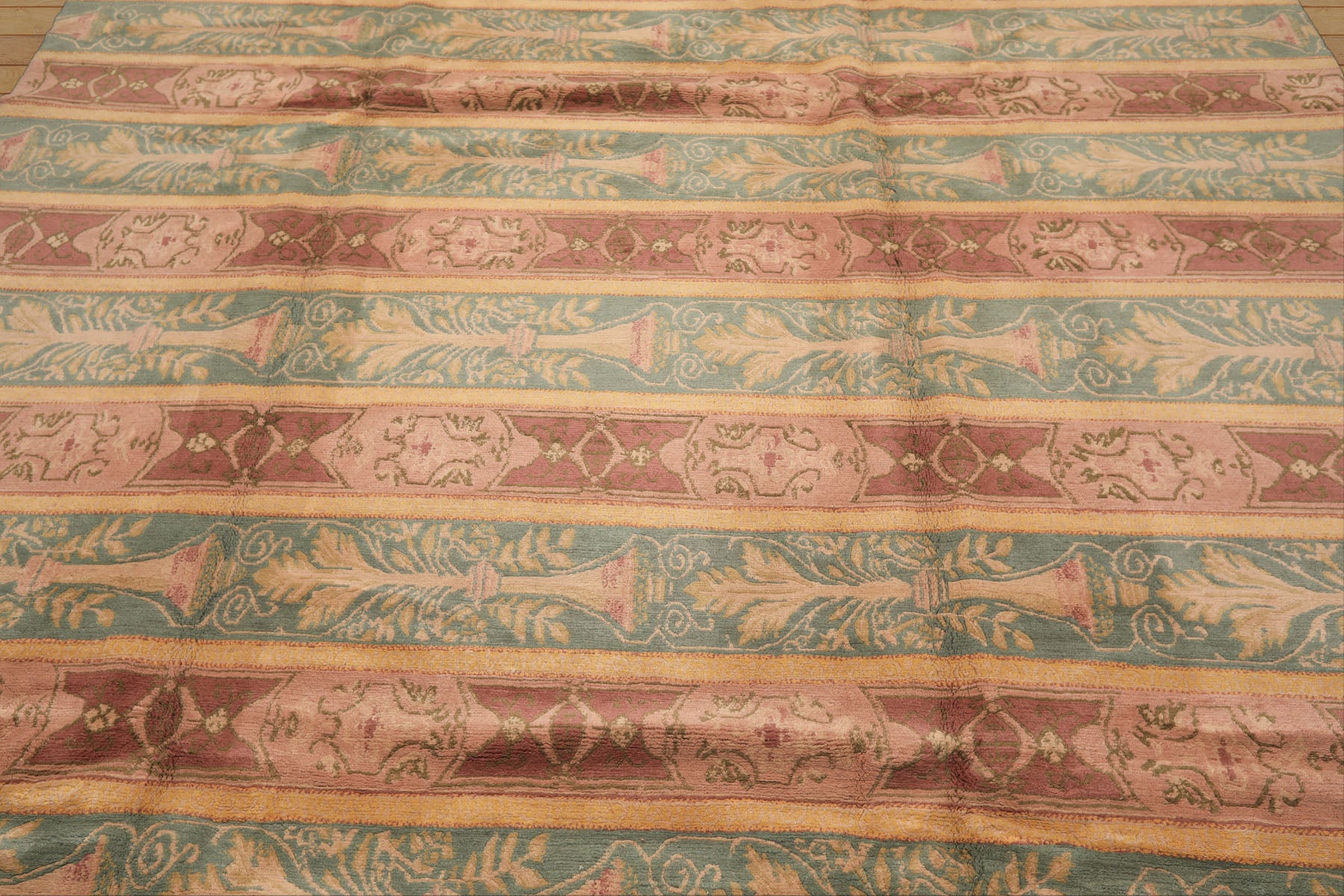 8x10 Blush, Aqua, Gold Color Hand Knotted Tibetan Wool Transitional Oriental Rug
