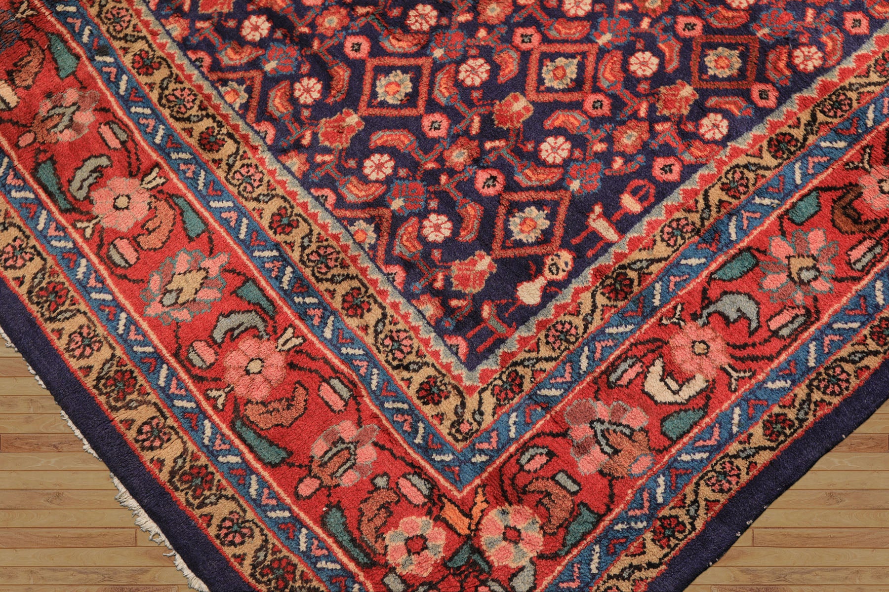 7x11 Royal Blue, Coral, Blush Color Hand Knotted Mahal Sarouk Wool Traditional Oriental Rug
