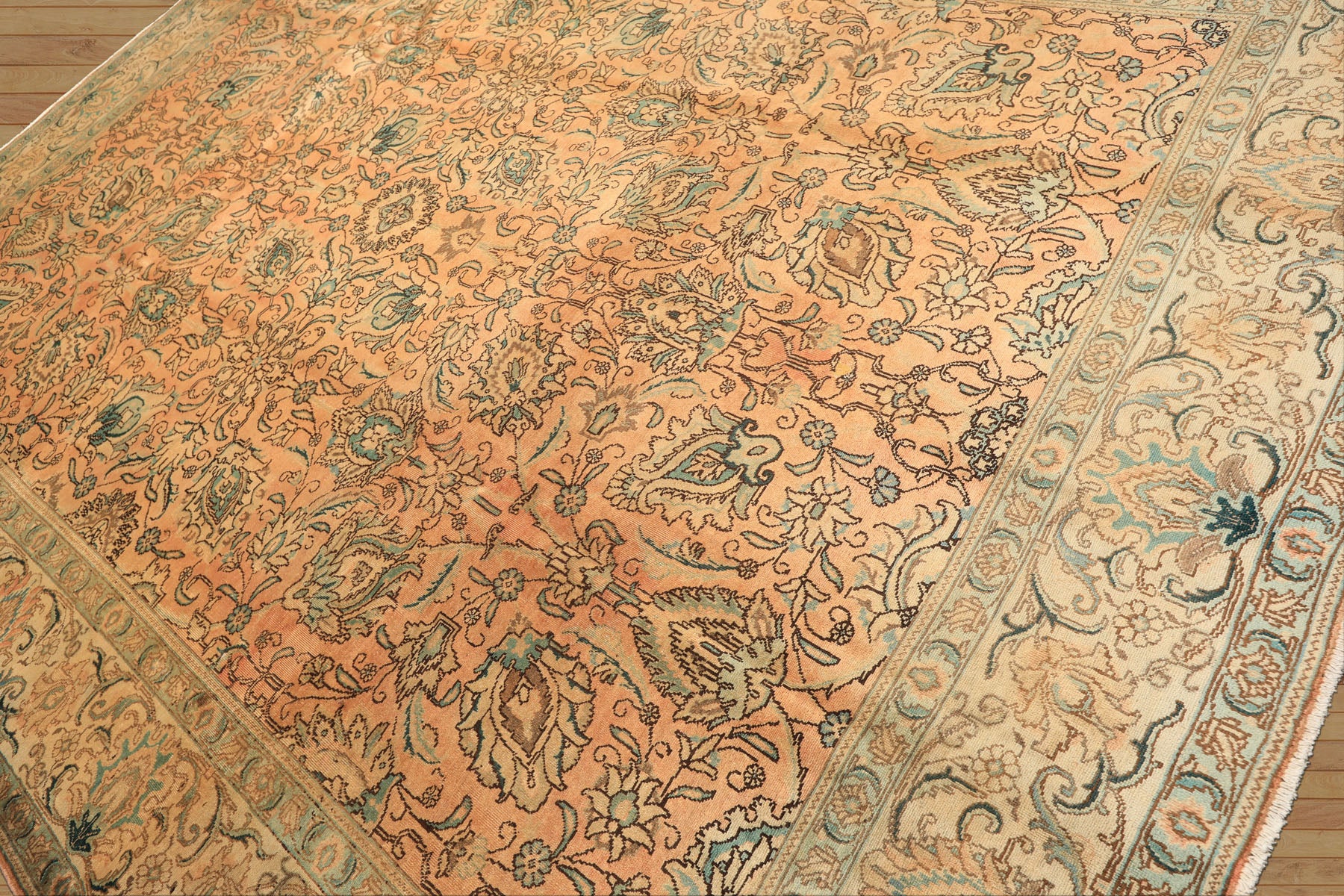 10x14 Peach, Beige, Celadon Color Hand Knotted Tabriz Wool Traditional Oriental Rug