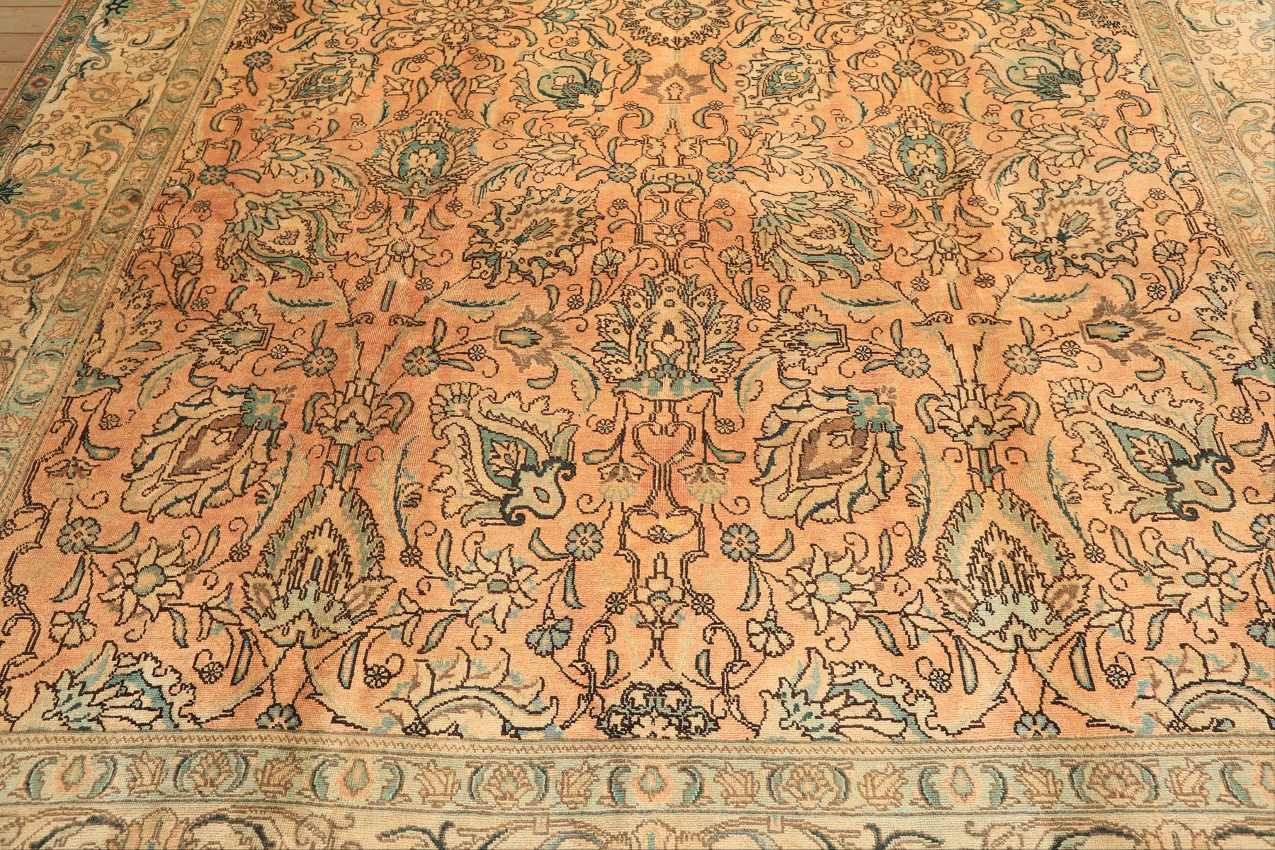 10x14 Peach, Beige, Celadon Color Hand Knotted Tabriz Wool Traditional Oriental Rug