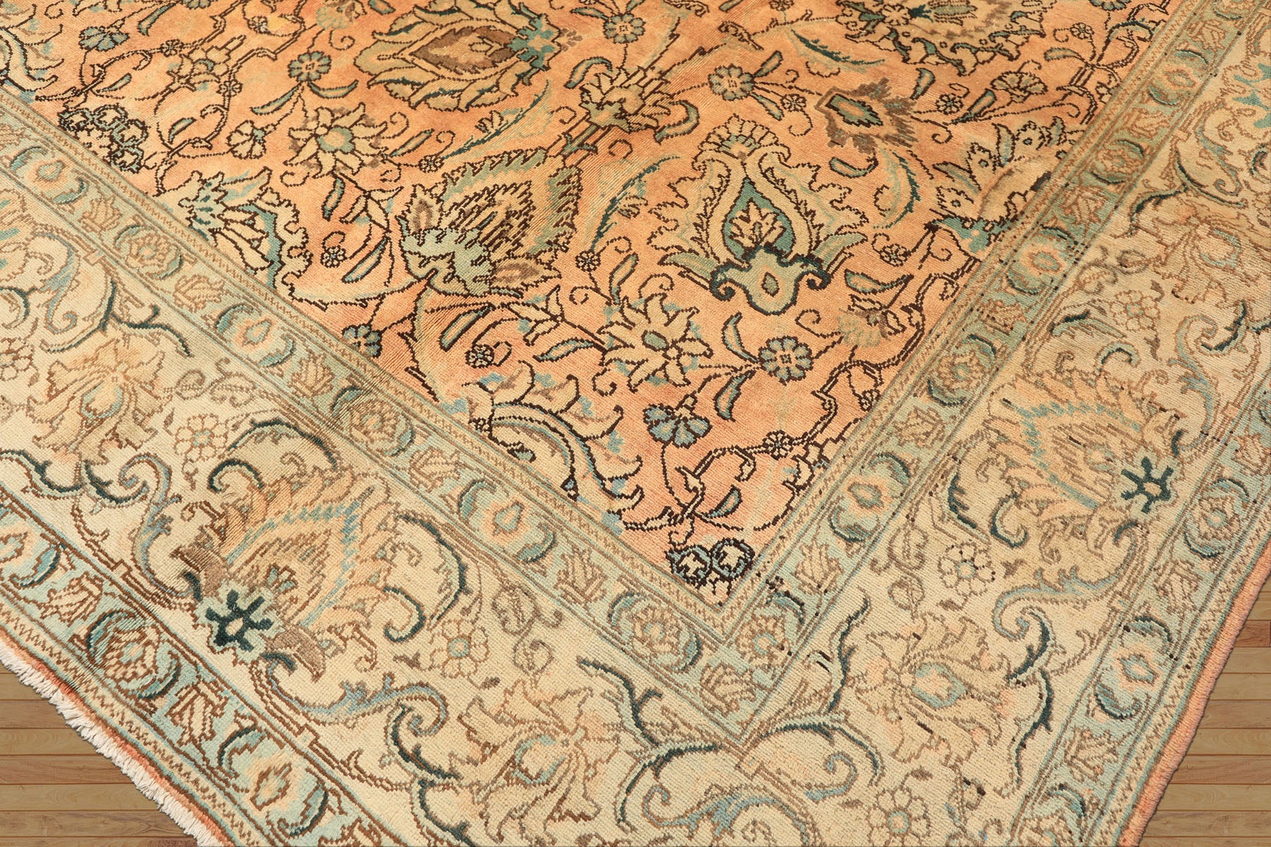 10x14 Peach, Beige, Celadon Color Hand Knotted Tabriz Wool Traditional Oriental Rug