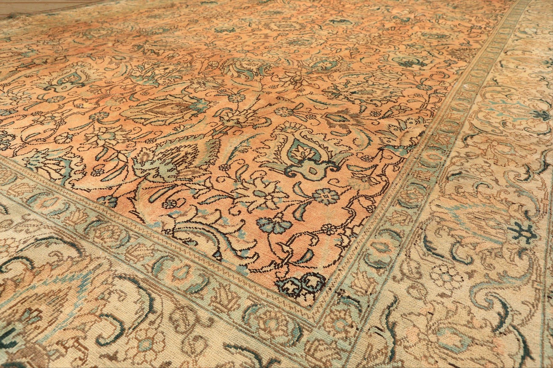 10x14 Peach, Beige, Celadon Color Hand Knotted Tabriz Wool Traditional Oriental Rug