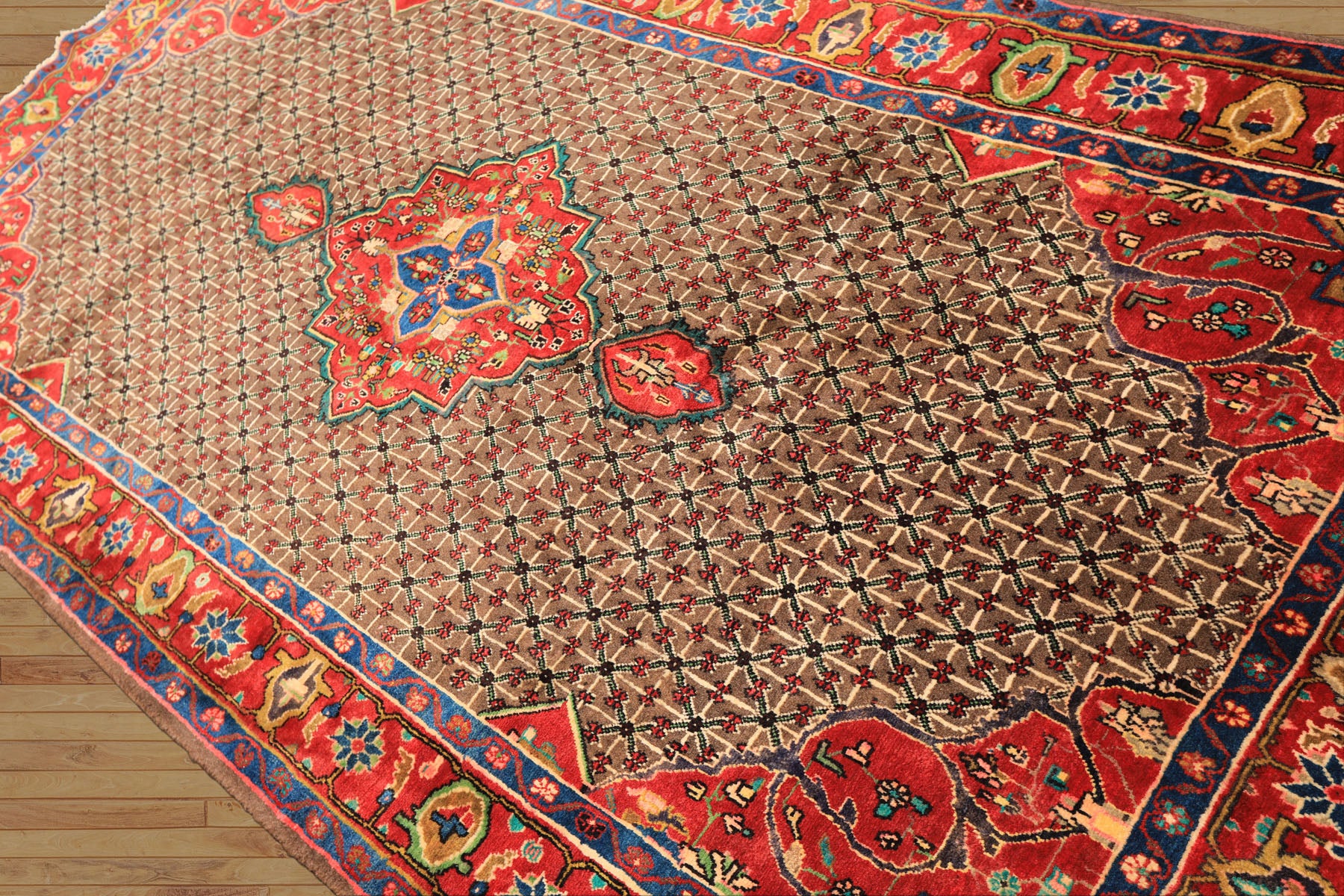 Runner Brown, Coral, Turquoise Color Hand Knotted Hamadan Wool  Oriental Rug