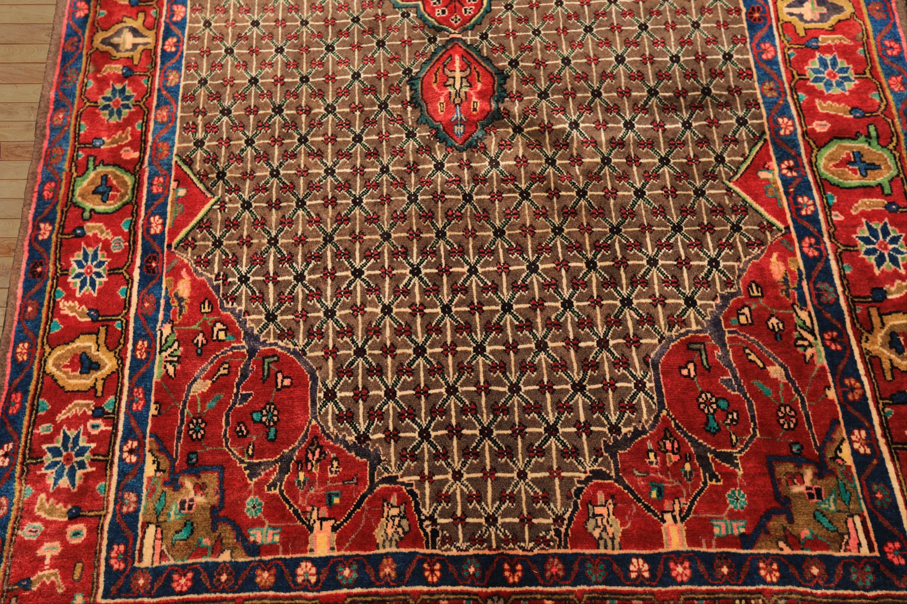 Runner Brown, Coral, Turquoise Color Hand Knotted Hamadan Wool  Oriental Rug