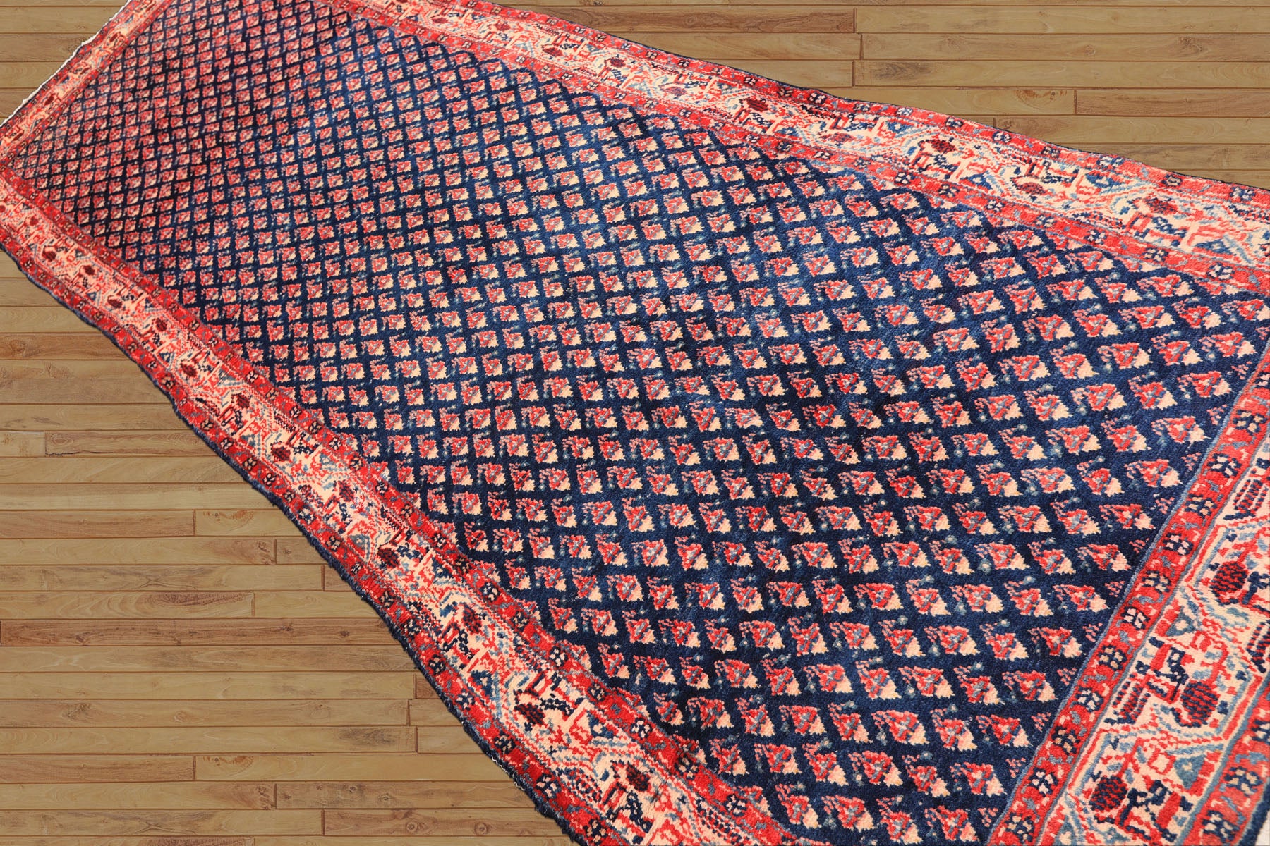 Runner Navy, Ivory, Red Color Hand Knotted Boteh Wool Traditional Oriental Rug