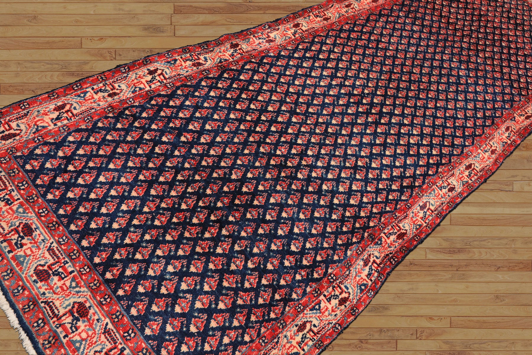 Runner Navy, Ivory, Red Color Hand Knotted Boteh Wool Traditional Oriental Rug